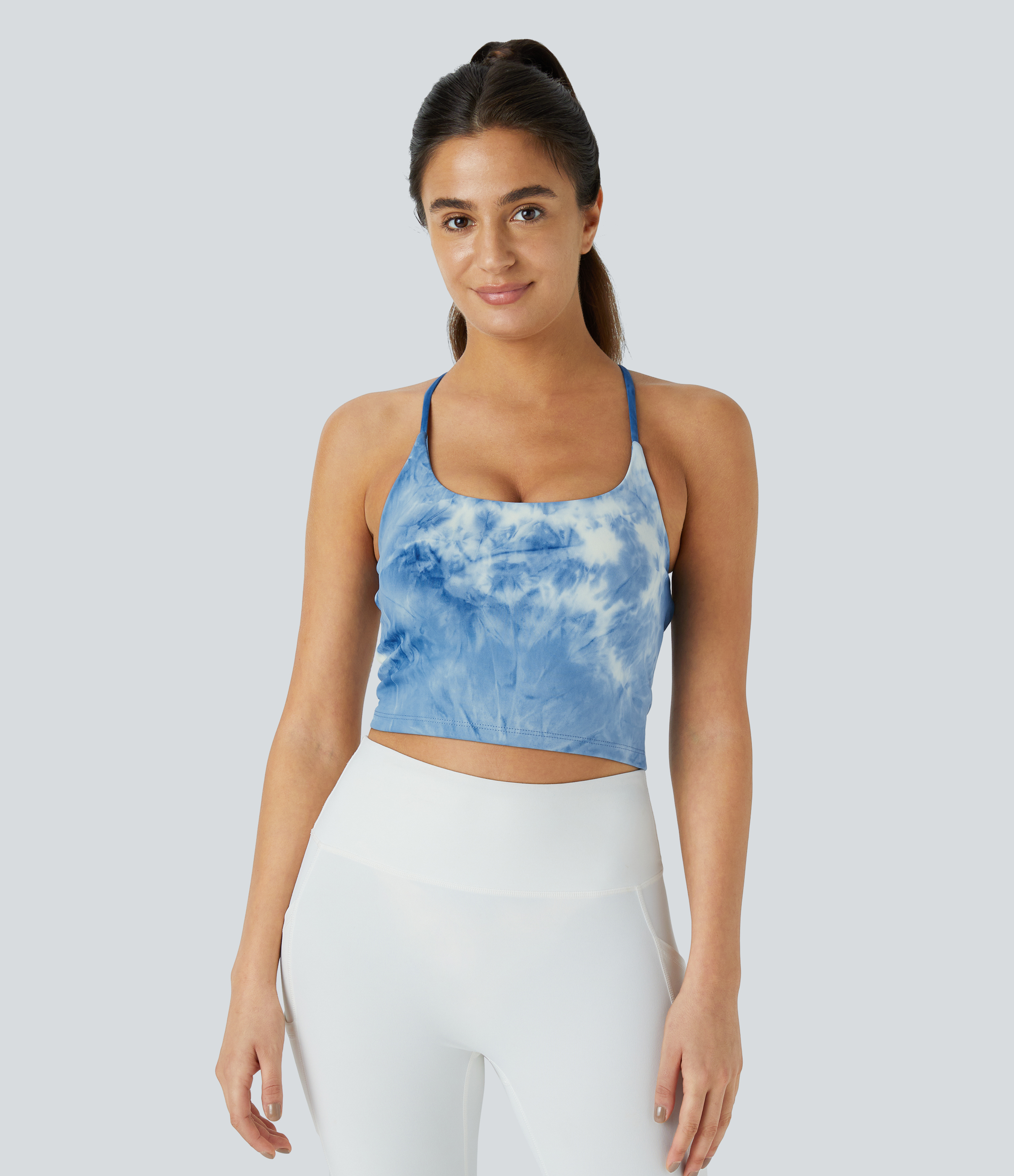 Halara Spaghetti Strap Tie Dye Backless Crisscross Lace Up Cropped Tank Top Tank Top - Tie-dye Dark Blue - XL golf tops halter top tunic tops 