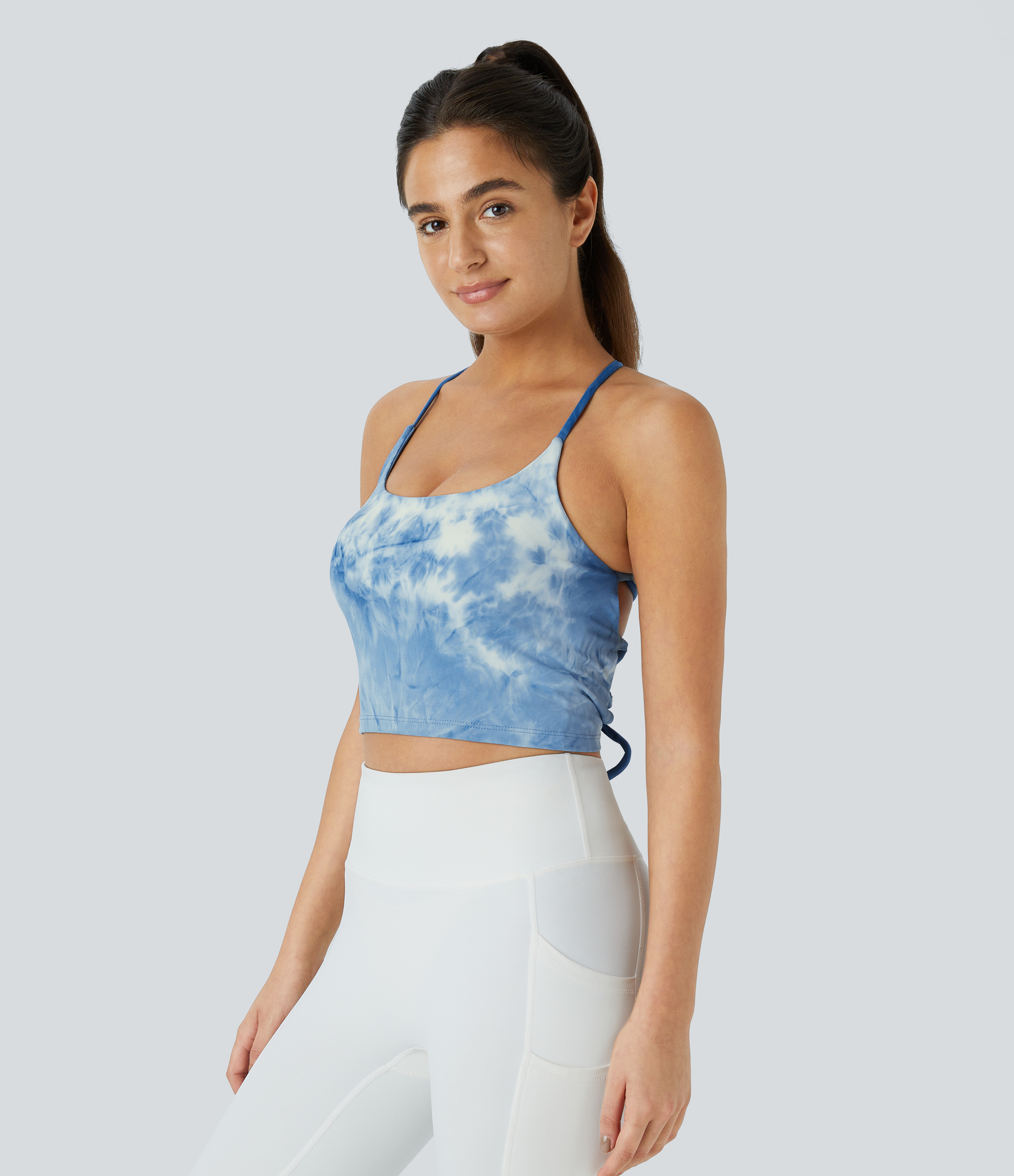 Halara Spaghetti Strap Tie Dye Backless Crisscross Lace Up Cropped Tank Top Tank Top - Tie-dye Dark Blue - XL golf tops halter top tunic tops 