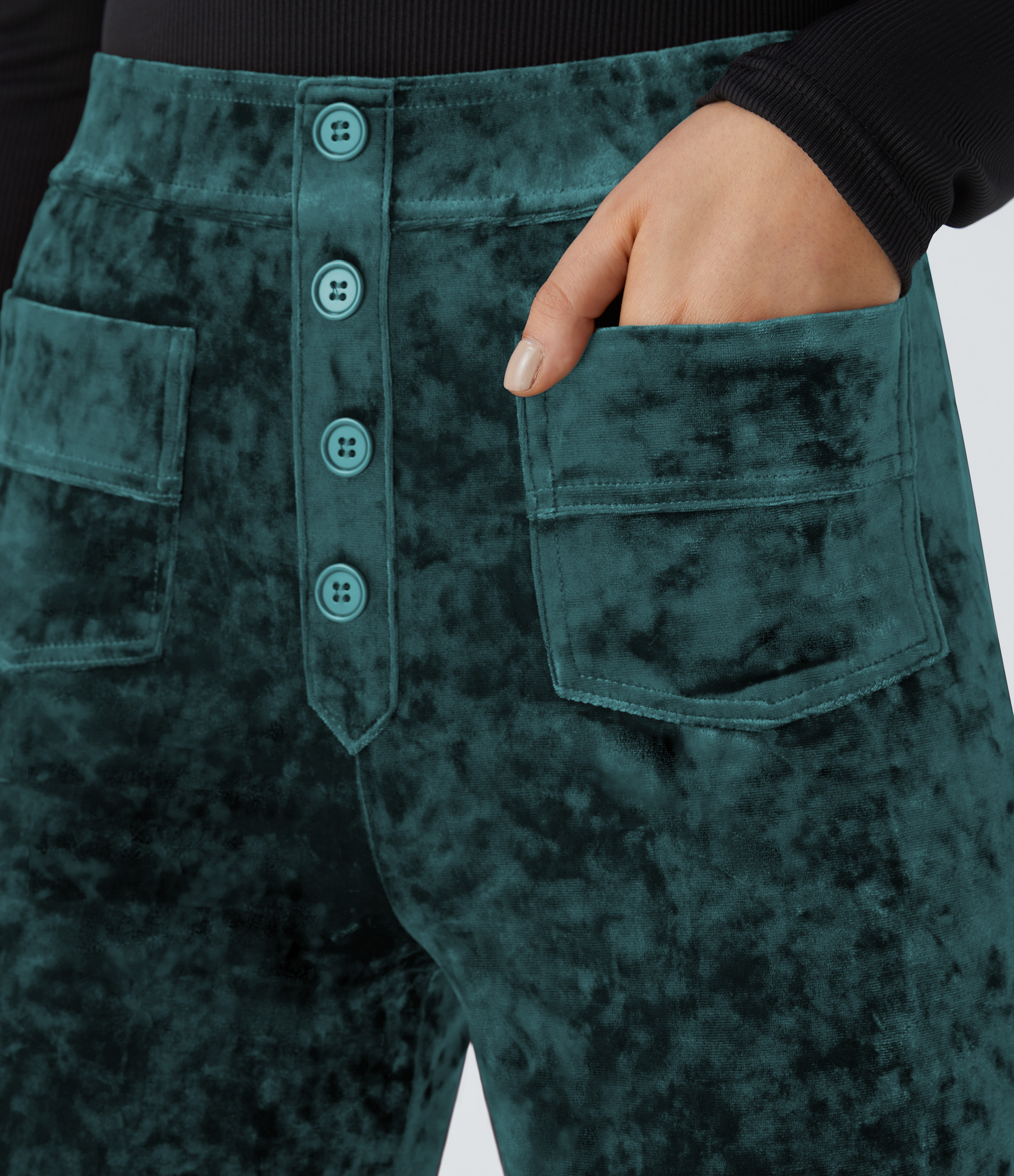 Halara High Waisted Button Multiple Pockets Straight Leg Velvet Casual Pants  - Bistro Green - M(regular) sweatpants jogger pants 