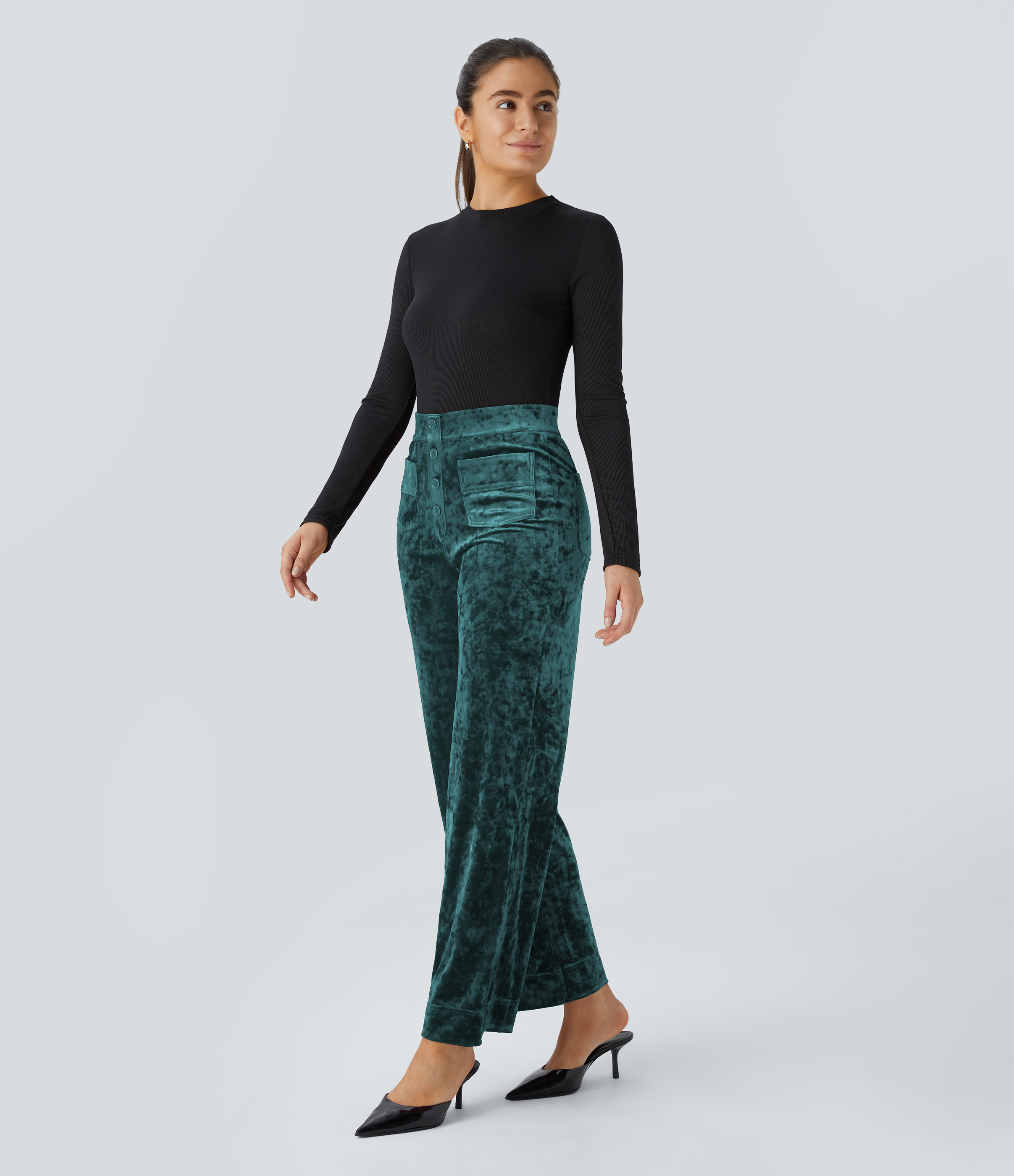 Halara High Waisted Button Multiple Pockets Straight Leg Velvet Casual Pants  - Bistro Green - M(regular) sweatpants jogger pants 