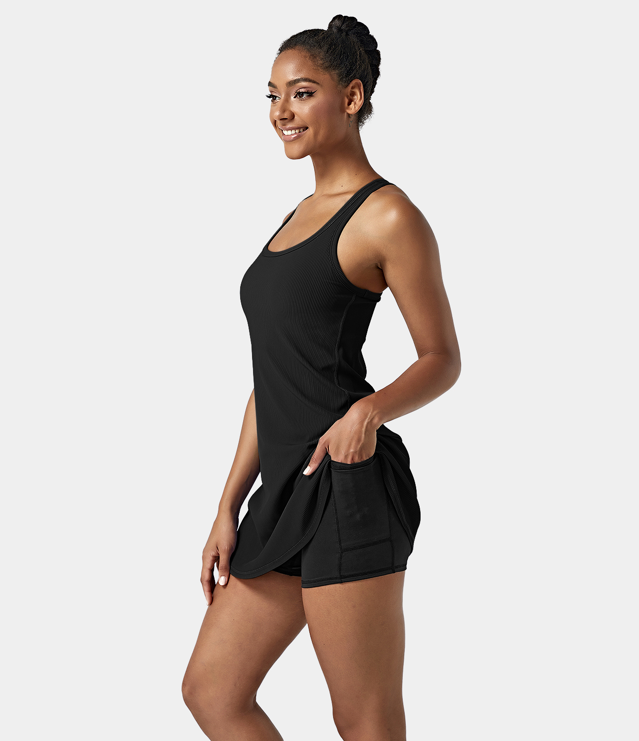 Women's Ribbed Knit 2-in-1 Side Pocket Racerback Sports Dress-Malibu - HALARA