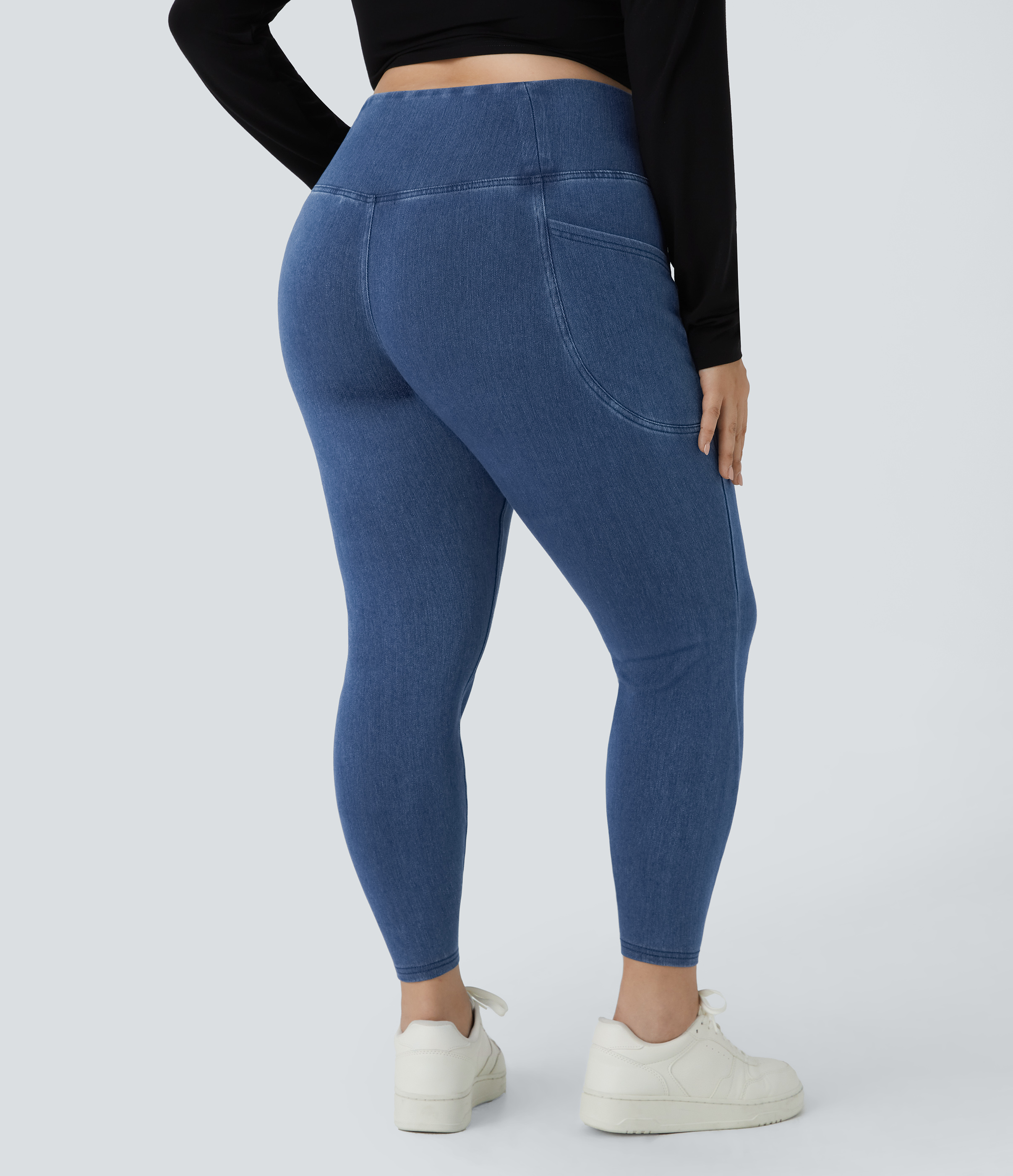 Washed Denim Bleached Blue Leggings Halara Flex™ Denim oficina mezclilla elástica lavada bolsillo lateral cruzado talla grande / 2