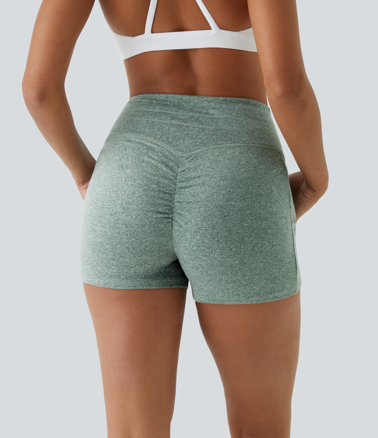 

Halara High Waisted Drawstring Side Pocket Ruched Yoga Shorts Gym Short - Mottled Pine Green -  booty shorts compression shorts yoga shorts