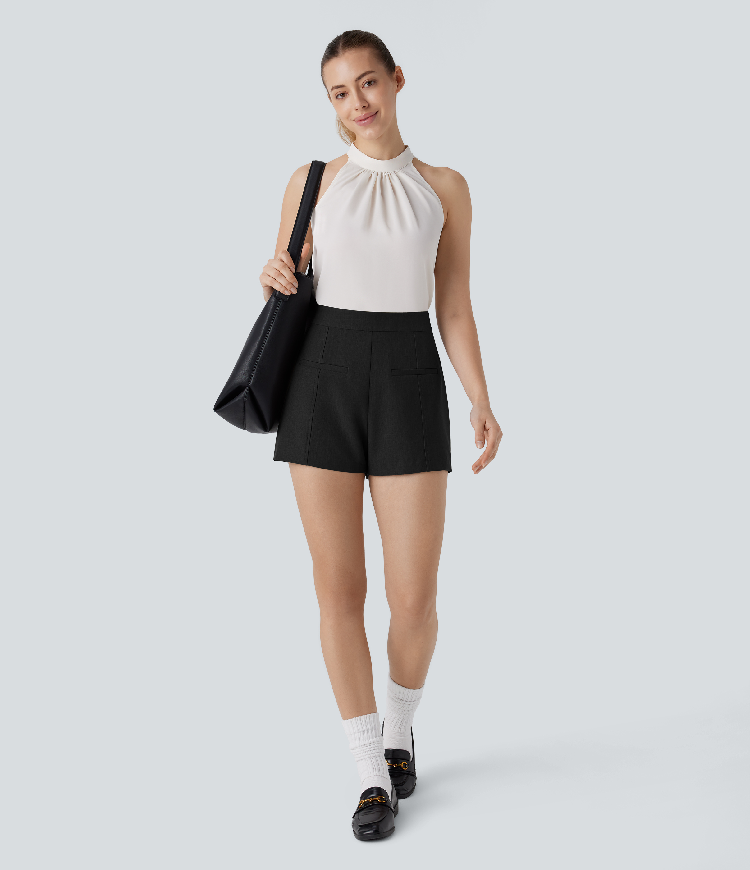 Halara High Waisted Side Invisible Zipper Work Shorts  - Black - XS booty shorts compression shorts yoga shorts 