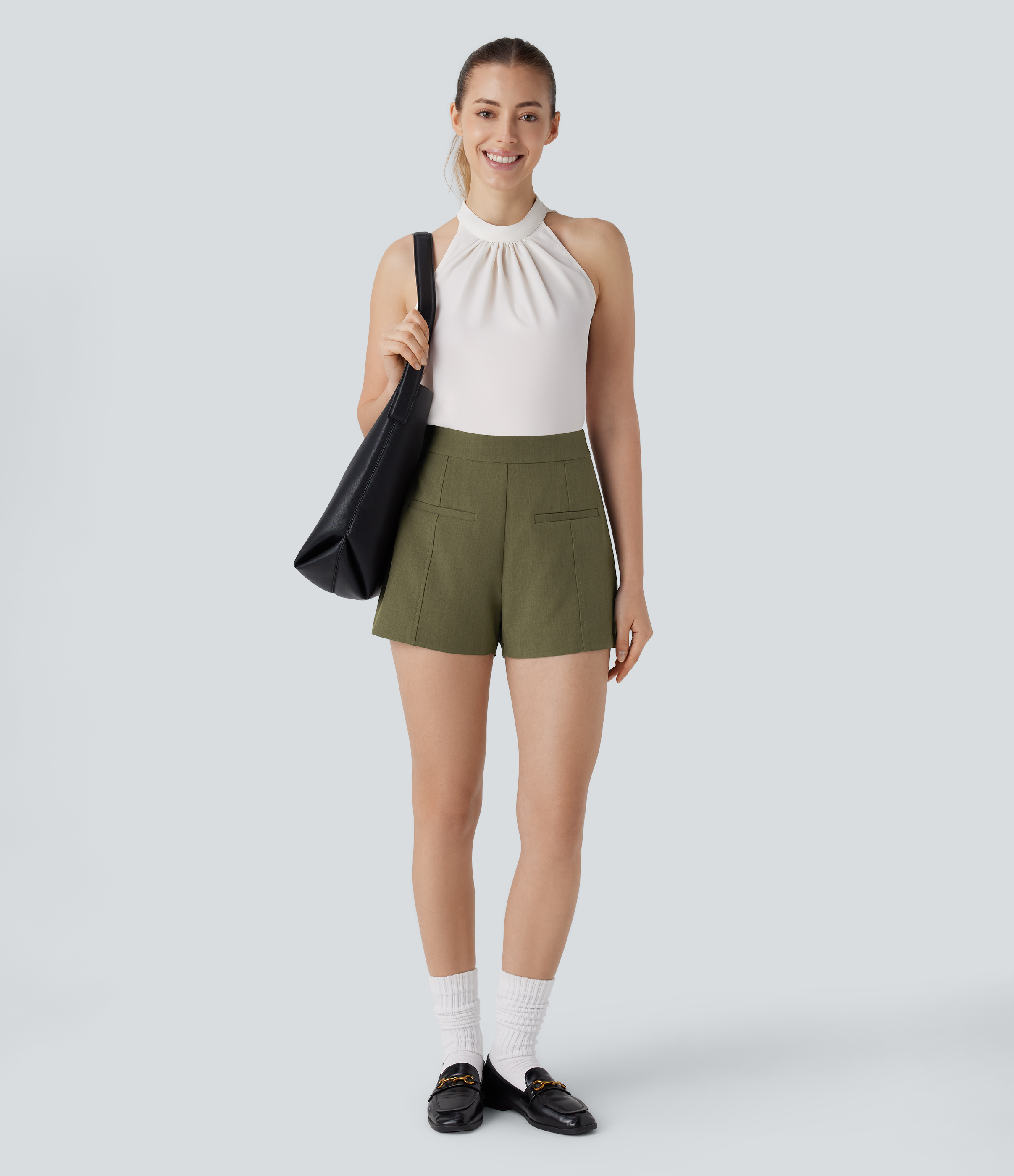 Halara High Waisted Side Invisible Zipper Work Shorts  - Moss Green - L booty shorts compression shorts yoga shorts 