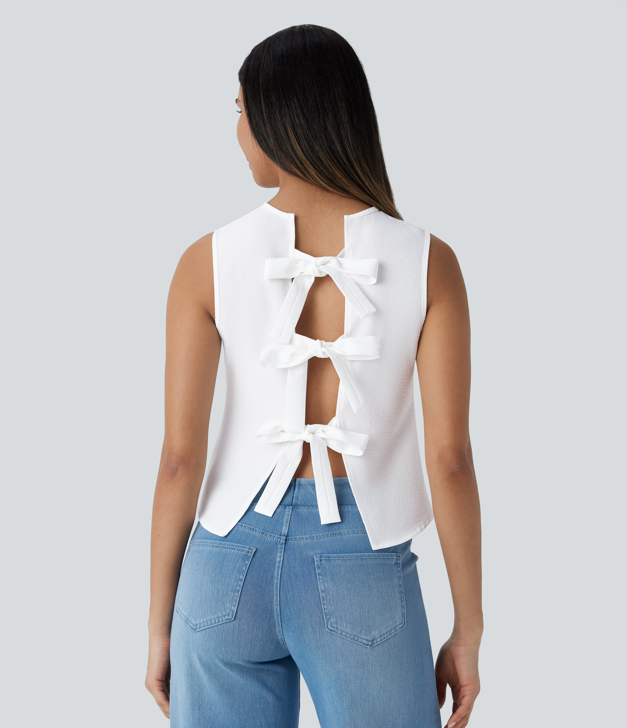 Halara Round Neck Sleeveless Tie Back Casual Top Tank Top - White - XL golf tops halter top tunic tops sleeveless tops backless top 