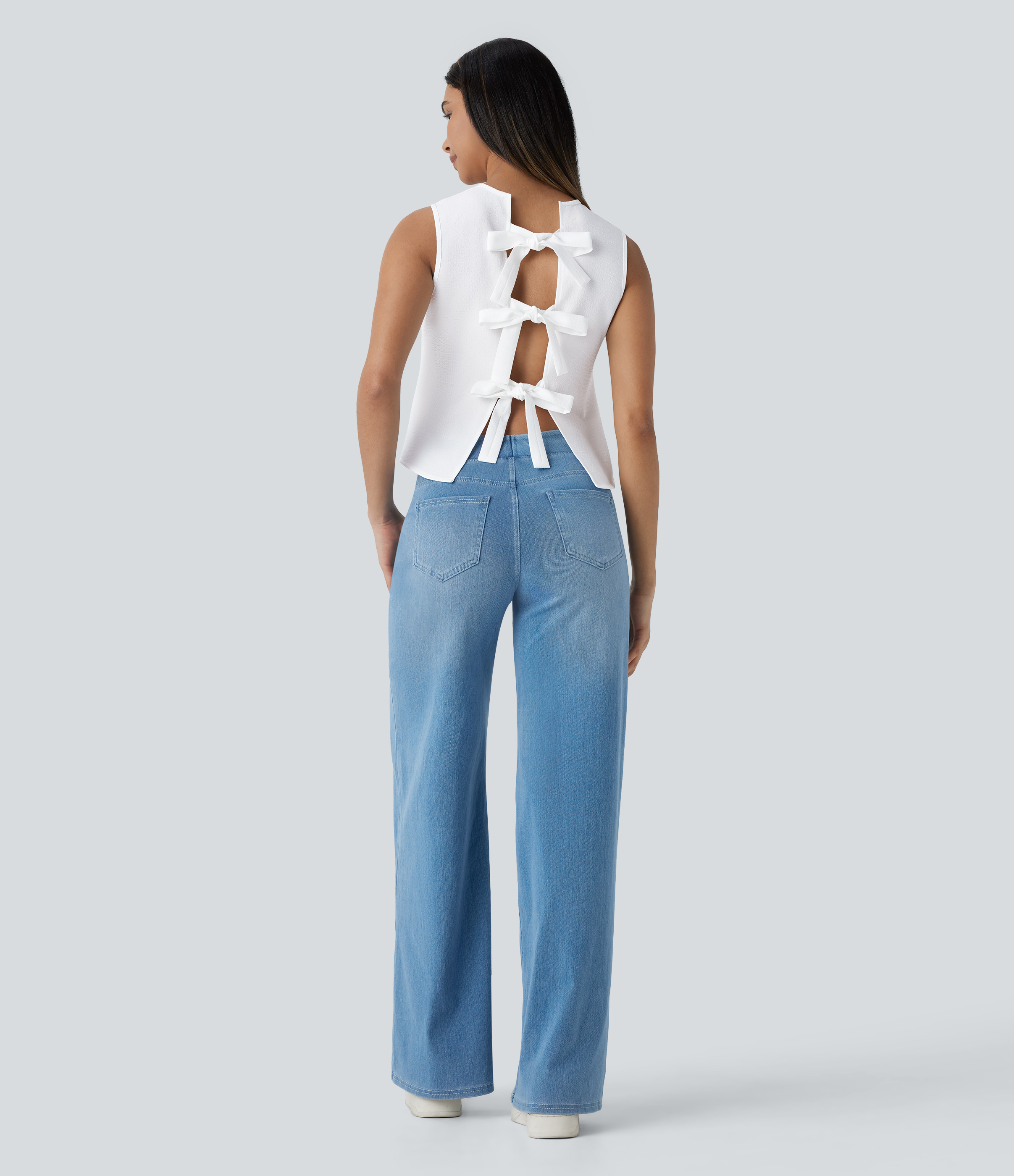 Halara Round Neck Sleeveless Tie Back Casual Top Tank Top - White - XL golf tops halter top tunic tops sleeveless tops backless top 