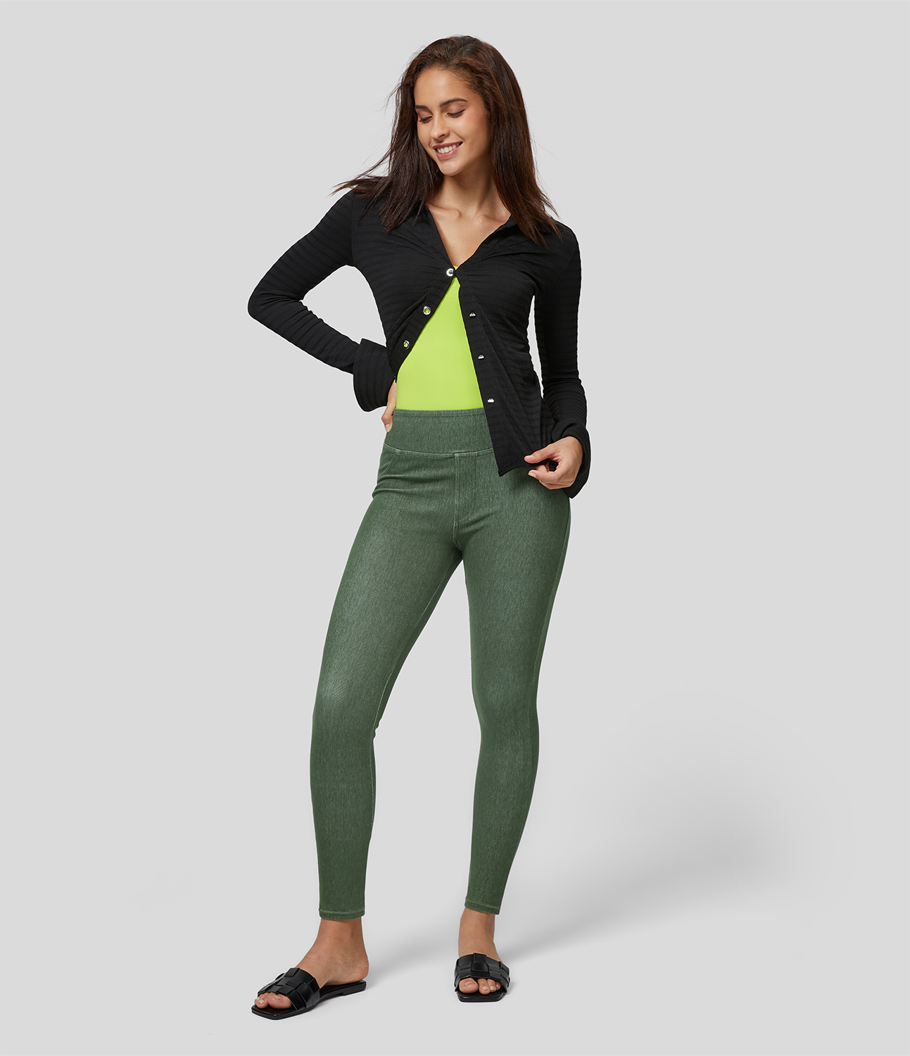 Halara HalaraMagicв„ў High Waisted Back Side Pocket Stretchy Knit Casual Jeans  - Kombu Green - S(regular) 