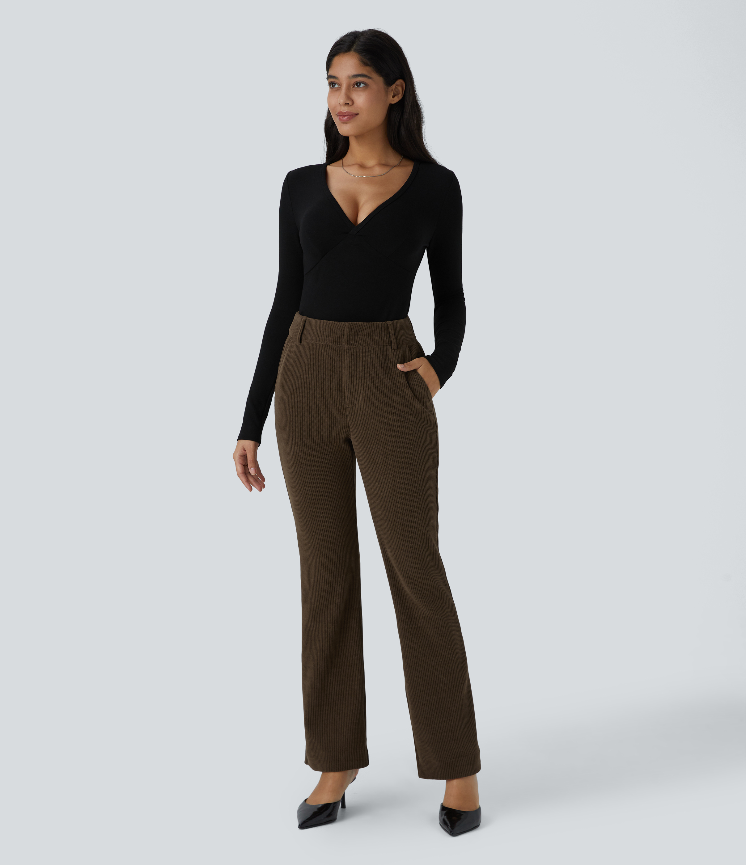 Halara High Waisted Side Pocket Chenille Work Slight Flare Pants  - Slate Black - XS(regular) sweatpants jogger pants stacked sweatpants 