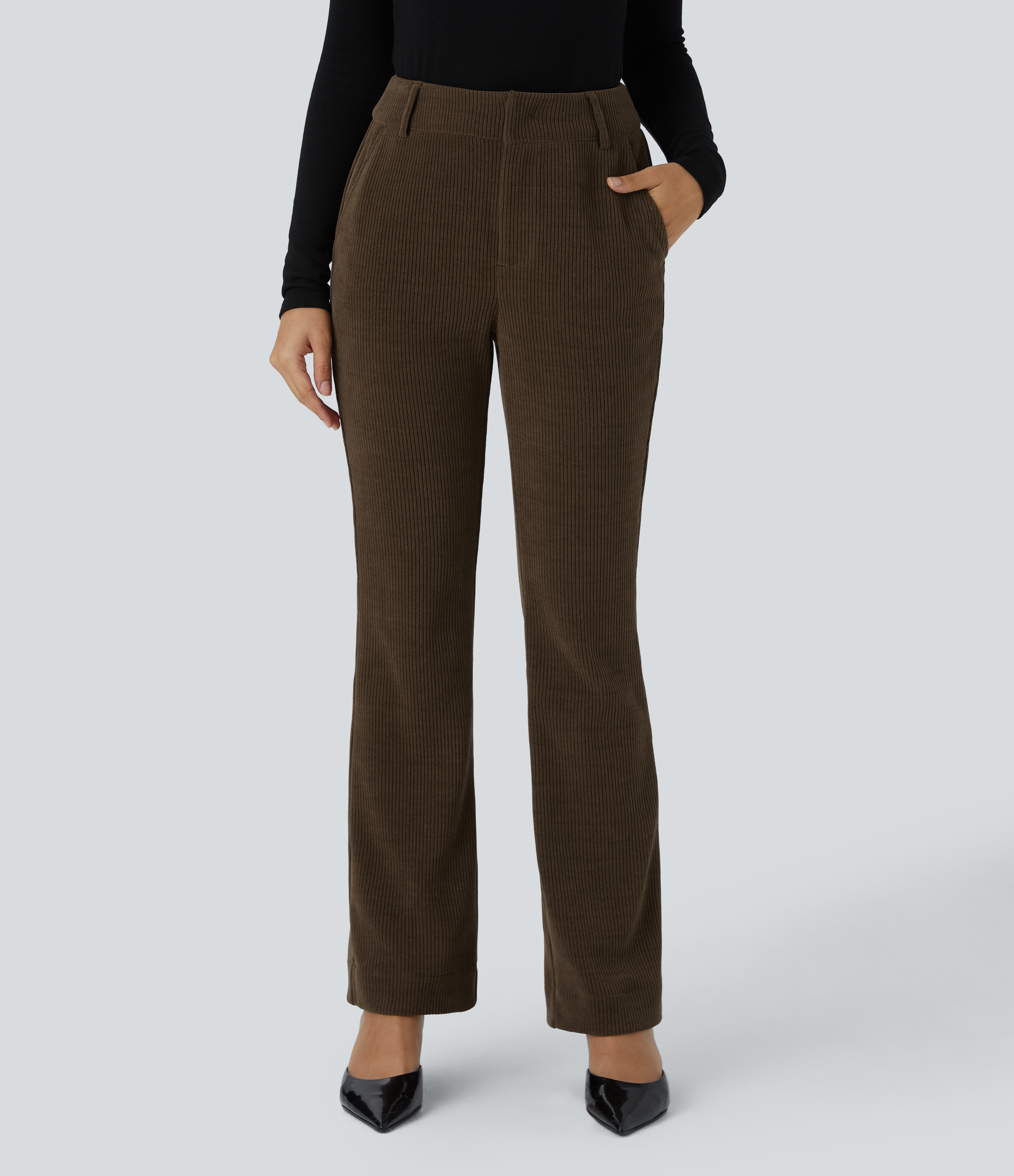 Halara High Waisted Side Pocket Chenille Work Slight Flare Pants  - Slate Black - XS(regular) sweatpants jogger pants stacked sweatpants 
