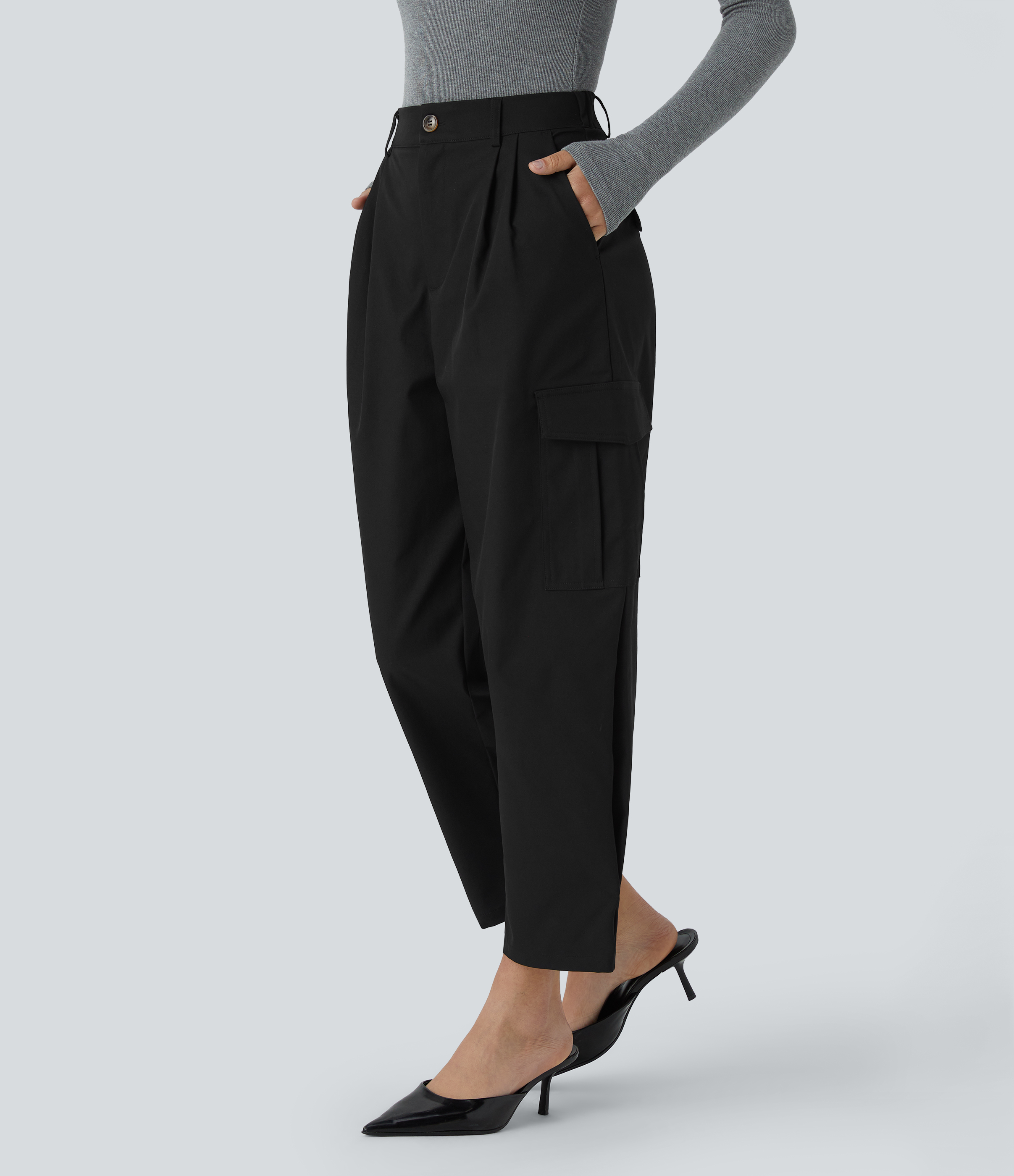 Halara Water Repellent Wear-Resistant High Waisted Multiple Pockets Cargo Barrel Leg Work Pants  - Black - XS(regular) sweatpants 