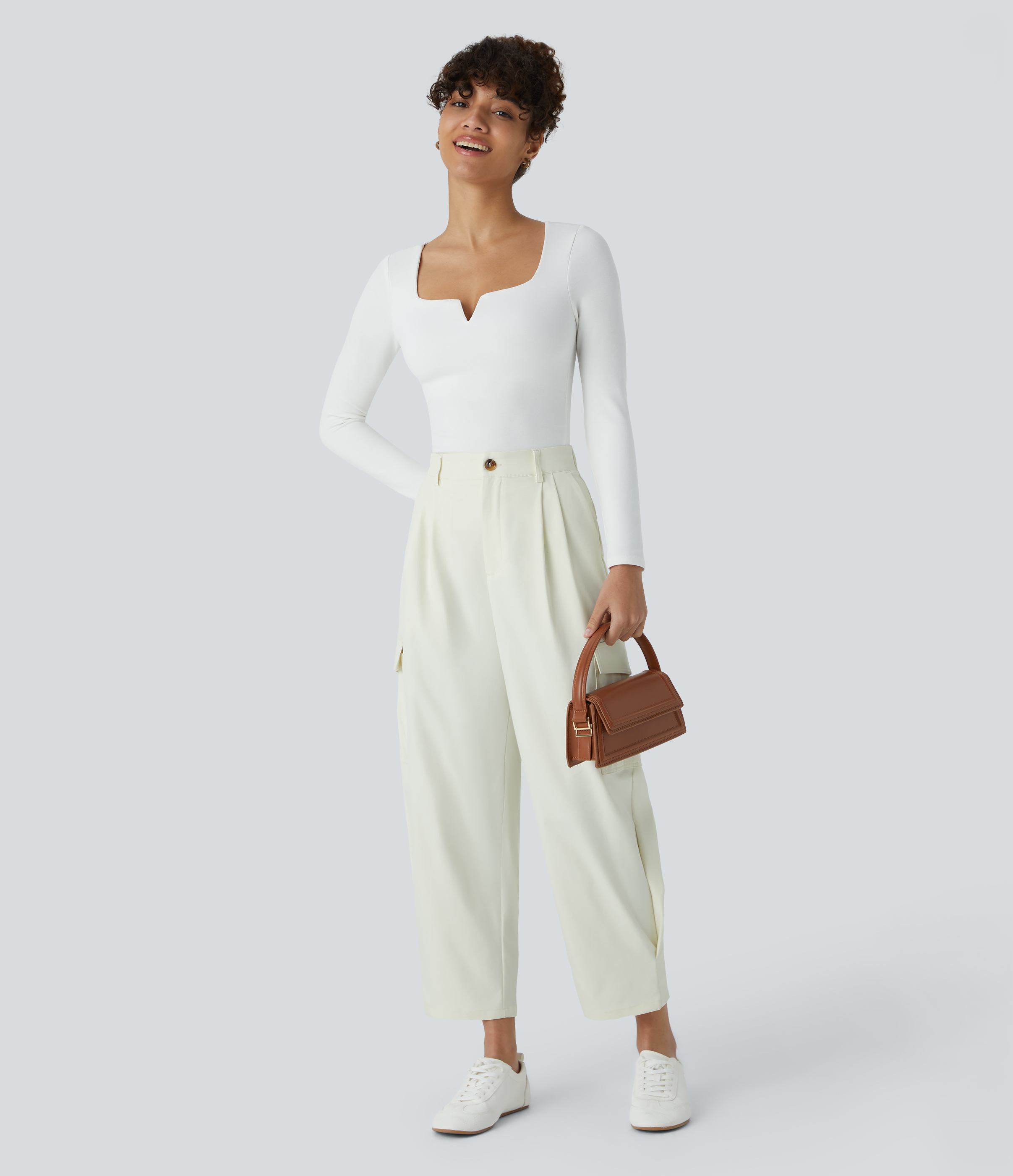 Halara Water Repellent Wear-Resistant High Waisted Multiple Pockets Cargo Barrel Leg Work Pants  - Oak White - XS(regular) sweatpants 