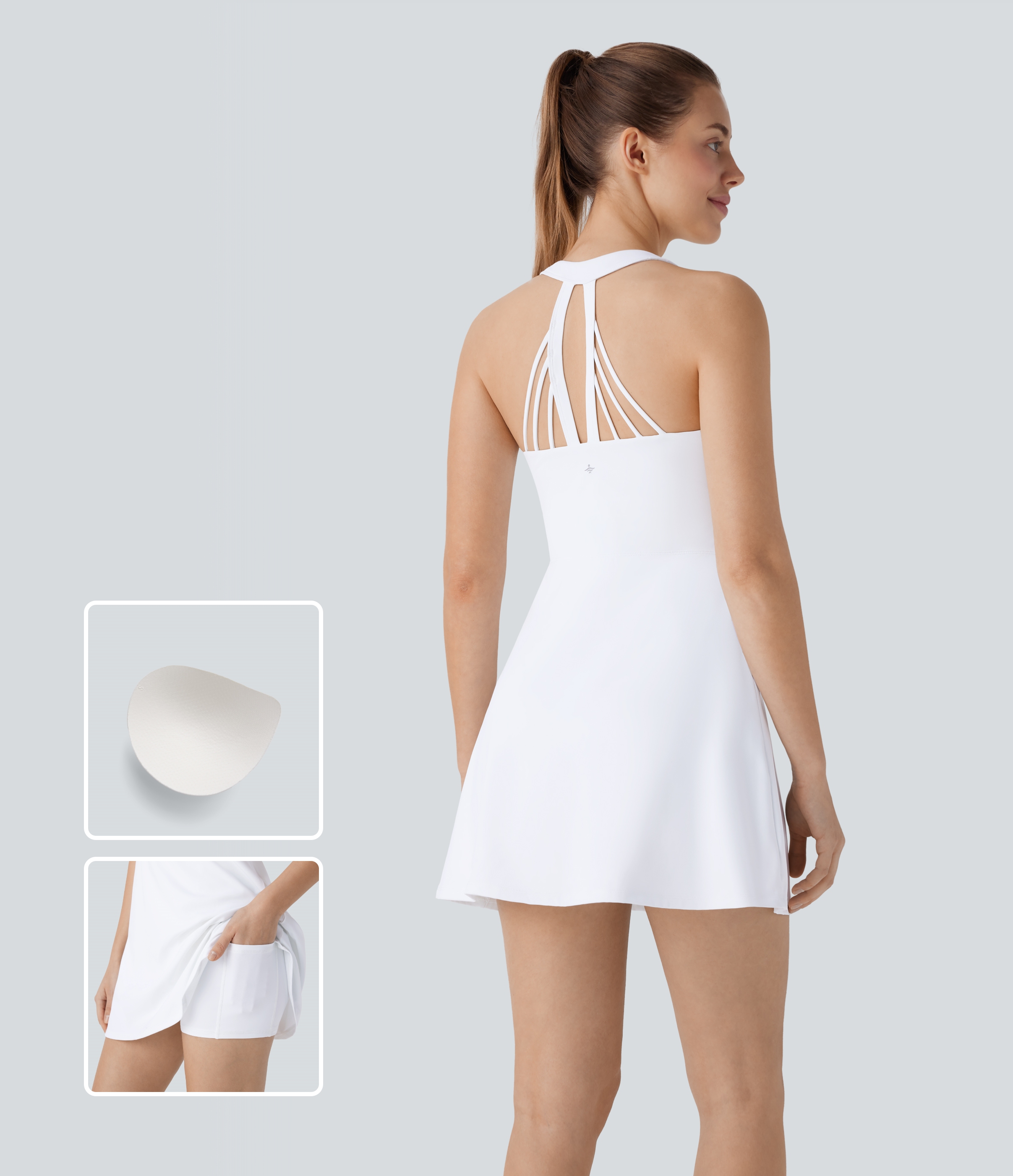 Halara – Softlyzero™ Airy Rückenfreies 2-in-1-Tennis-Minikleid mit Seitentaschen und Cool-Touch – Weiß – L
