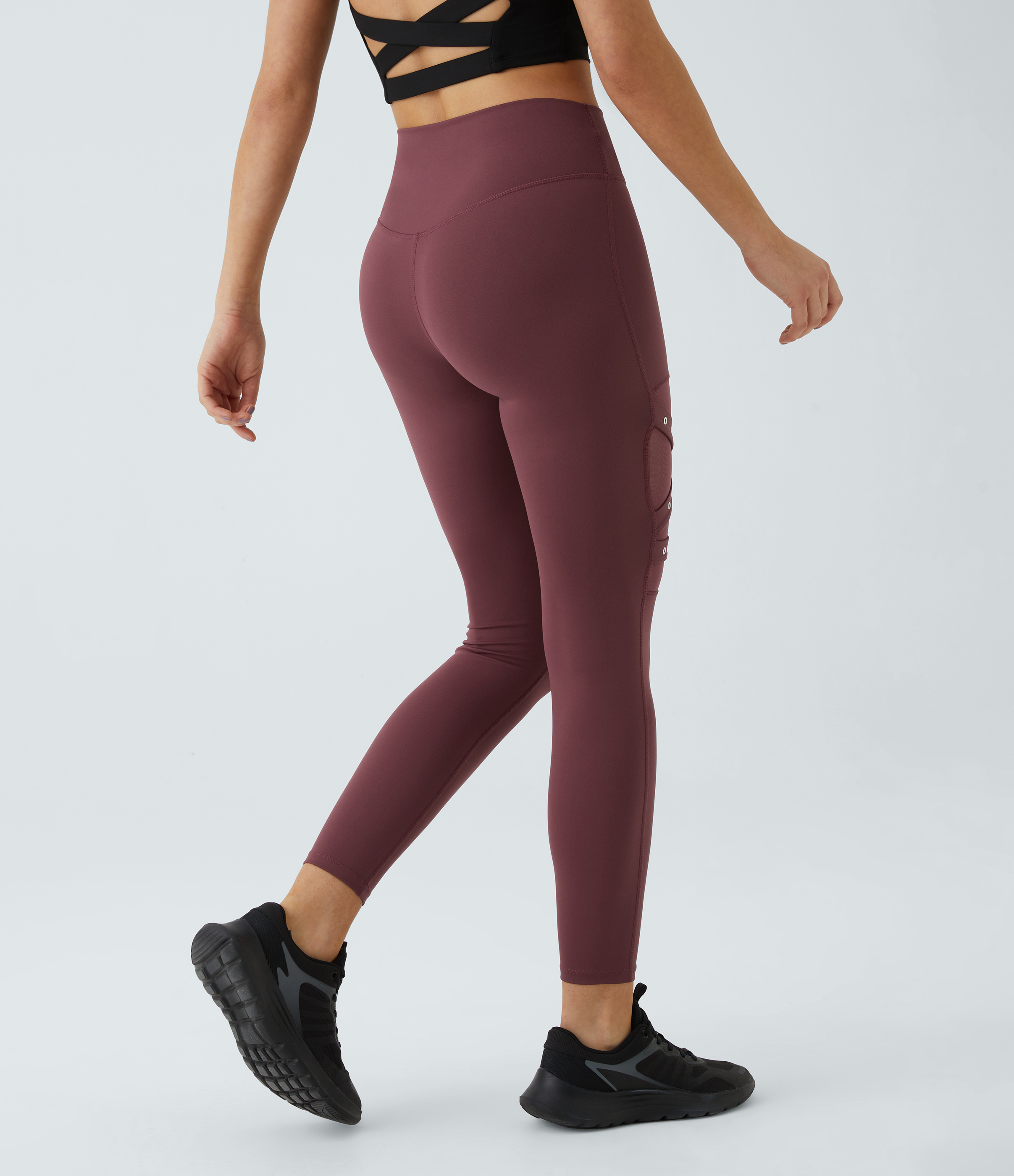 Halara High Waisted Crossover Contrast Mesh Movable Buckle Yoga 7/8 Leggings  - Red Mahogany - XL(7/8) gym leggings leggings with pockets 