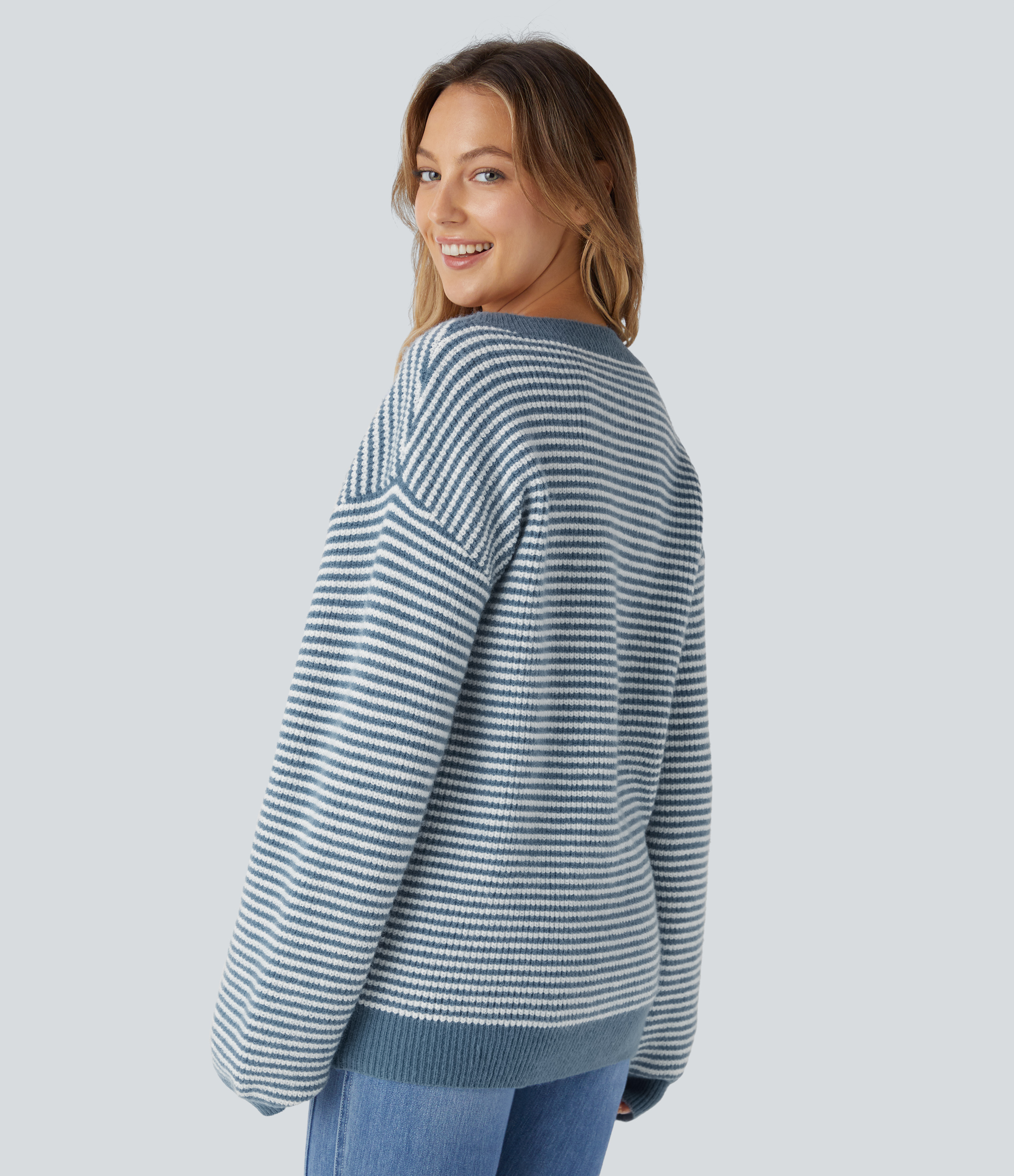 Halara Scoop Neck Dropped Shoulder Color Block Stripe Relax Casual Sweater  - Captain`s Blue - S 