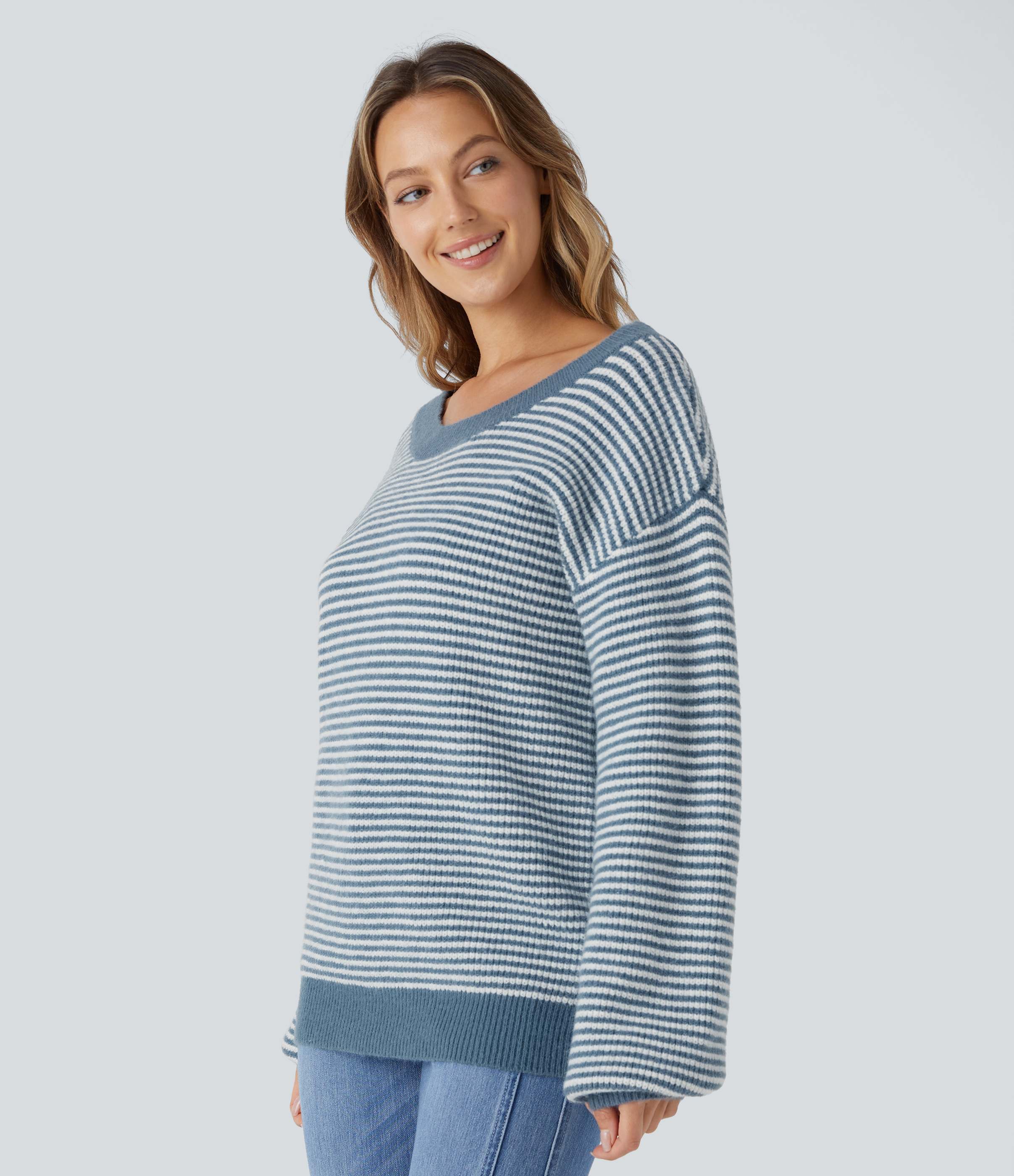 Halara Scoop Neck Dropped Shoulder Color Block Stripe Relax Casual Sweater  - Captain`s Blue - S 
