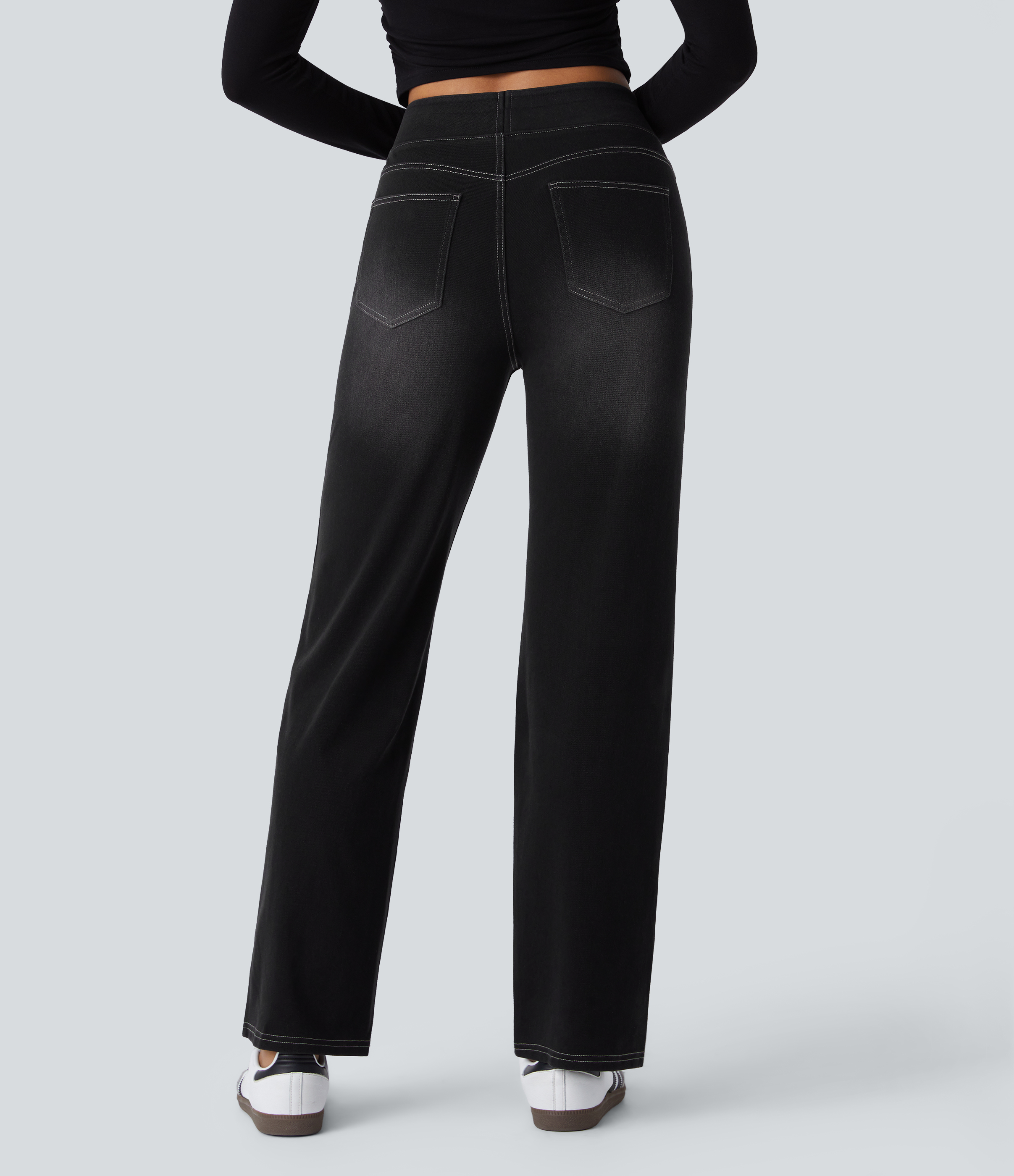 Carbon Paint Denim Jean décontracté Halara Flex™ taille haute, extensible, délavé, jambes droites avec poches multiples / 2