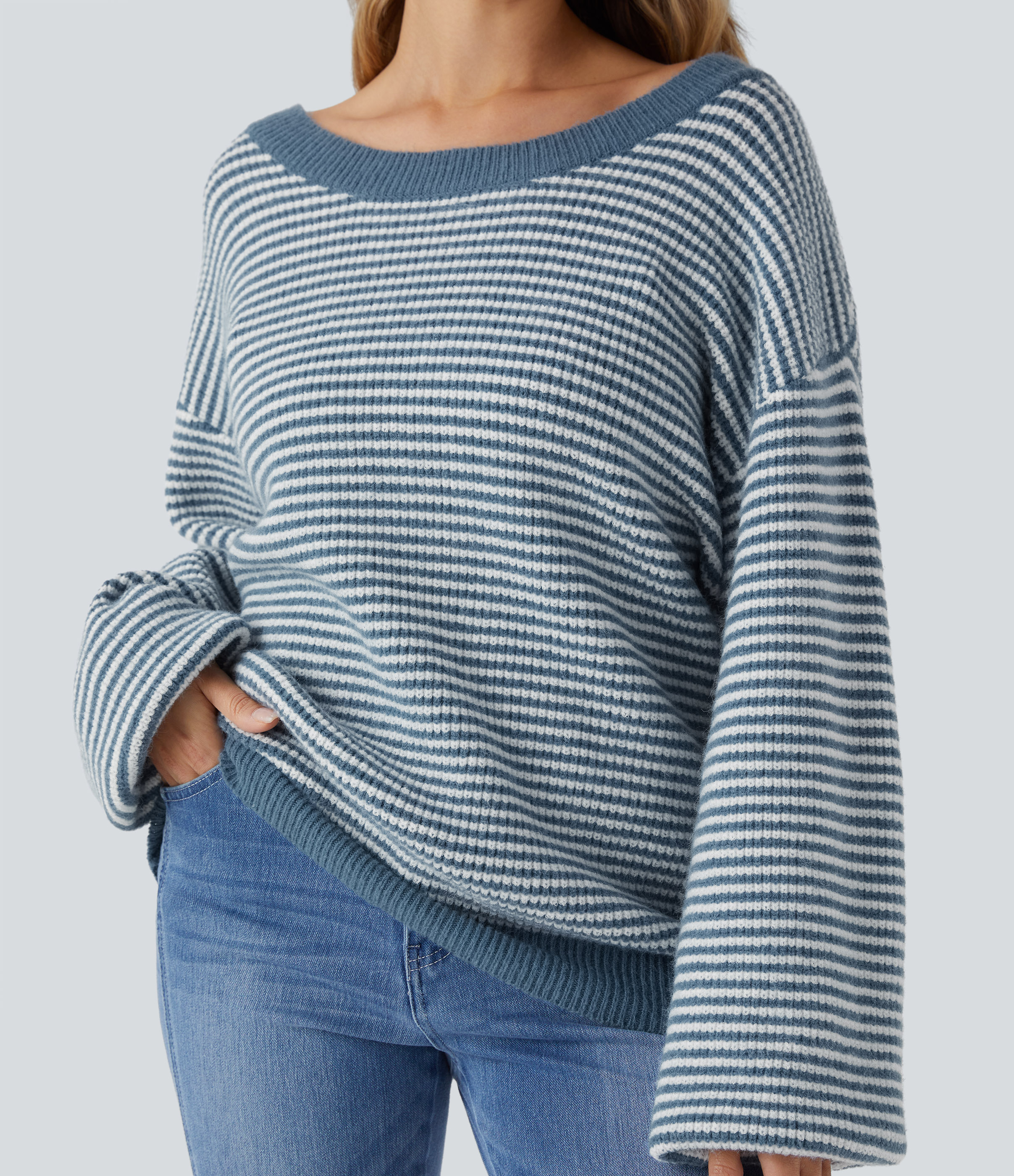 Halara Scoop Neck Dropped Shoulder Color Block Stripe Relax Casual Sweater  - Captain`s Blue - S 