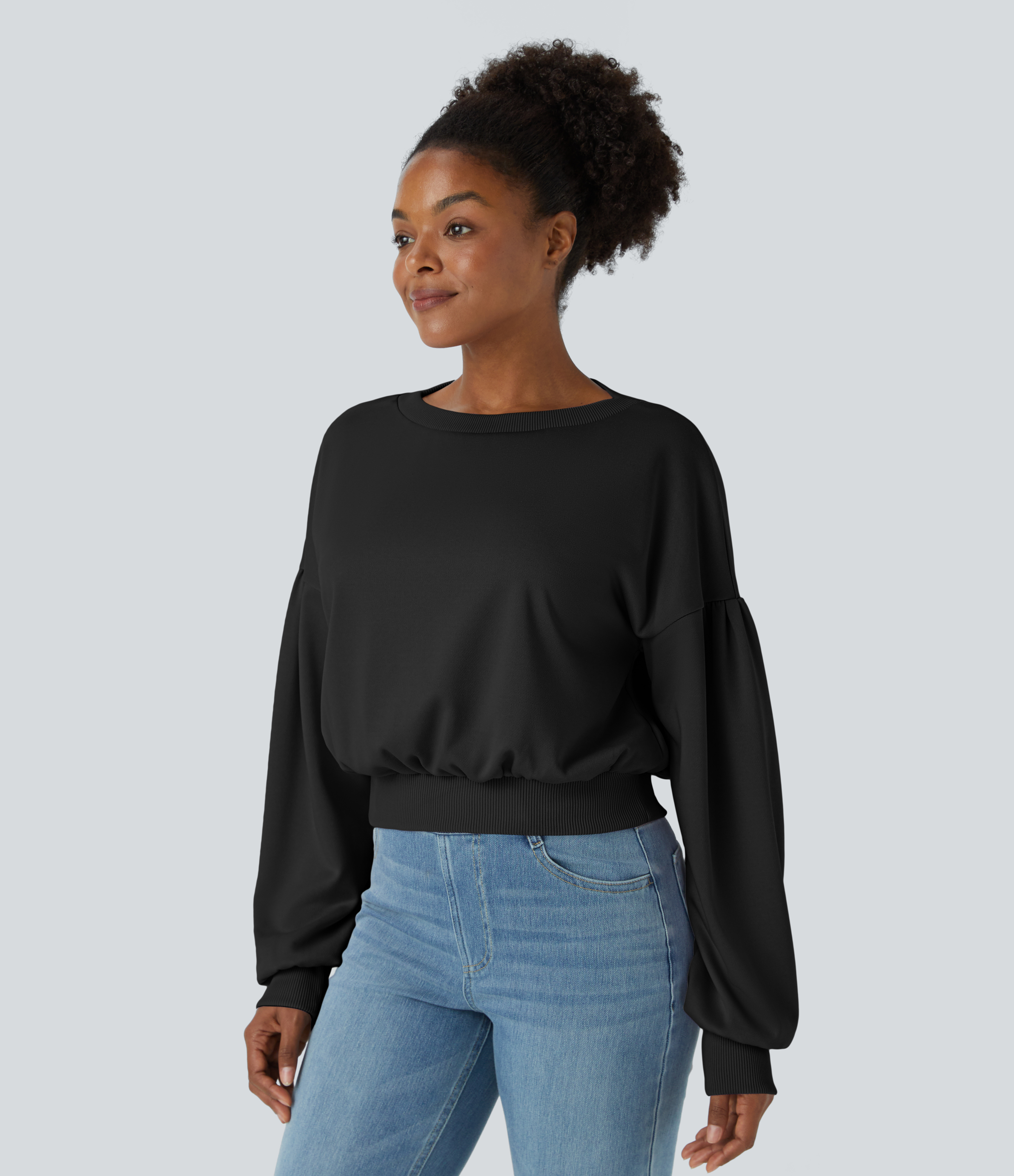 Halara Round Neck Dropped Shoulder Plicated Bishop Sleeve Relaxed Casual Sweatshirt  - Black - S 