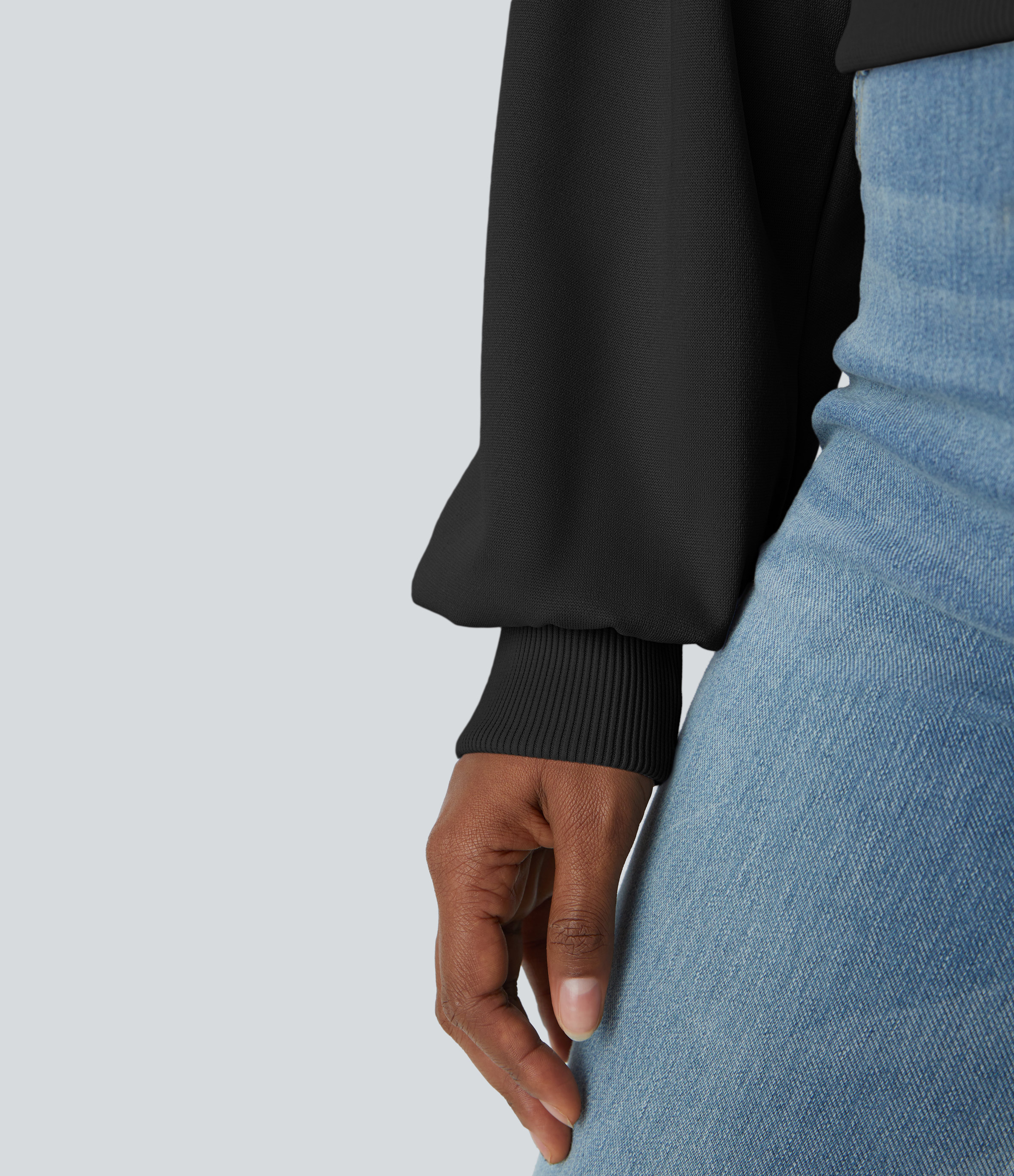 Halara Round Neck Dropped Shoulder Plicated Bishop Sleeve Relaxed Casual Sweatshirt  - Black - S 
