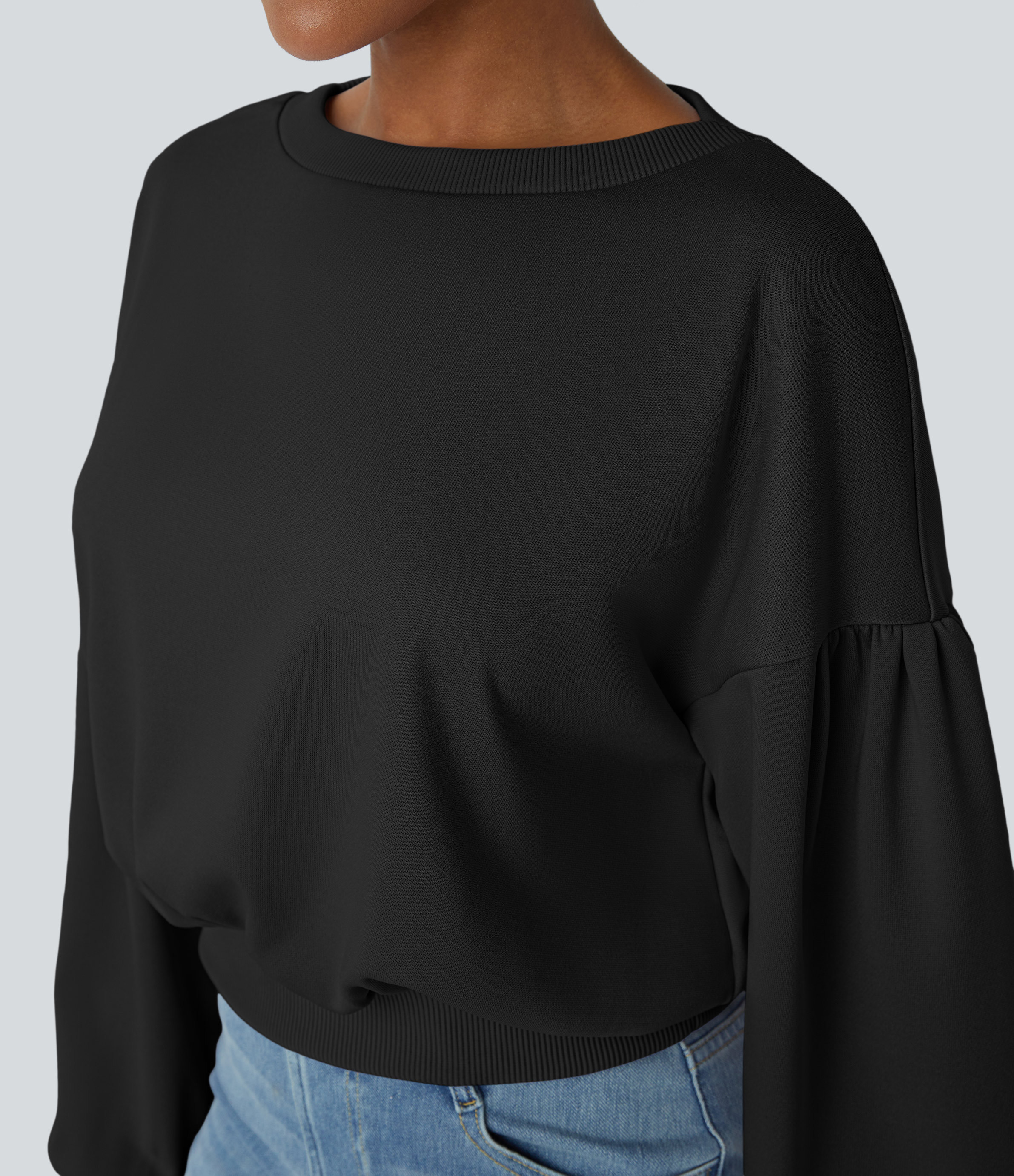 Halara Round Neck Dropped Shoulder Plicated Bishop Sleeve Relaxed Casual Sweatshirt  - Black - S 