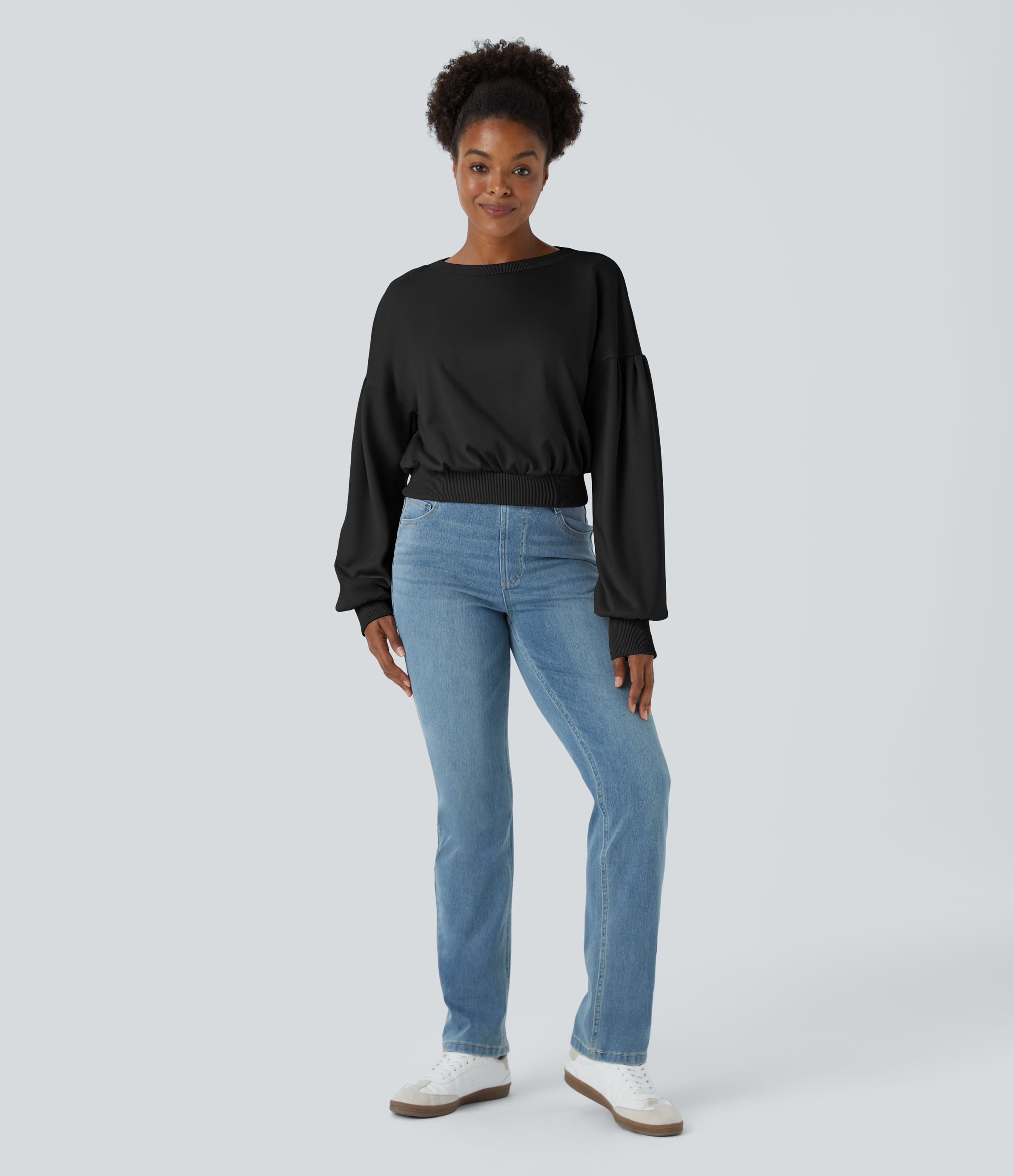 Halara Round Neck Dropped Shoulder Plicated Bishop Sleeve Relaxed Casual Sweatshirt  - Black - S 