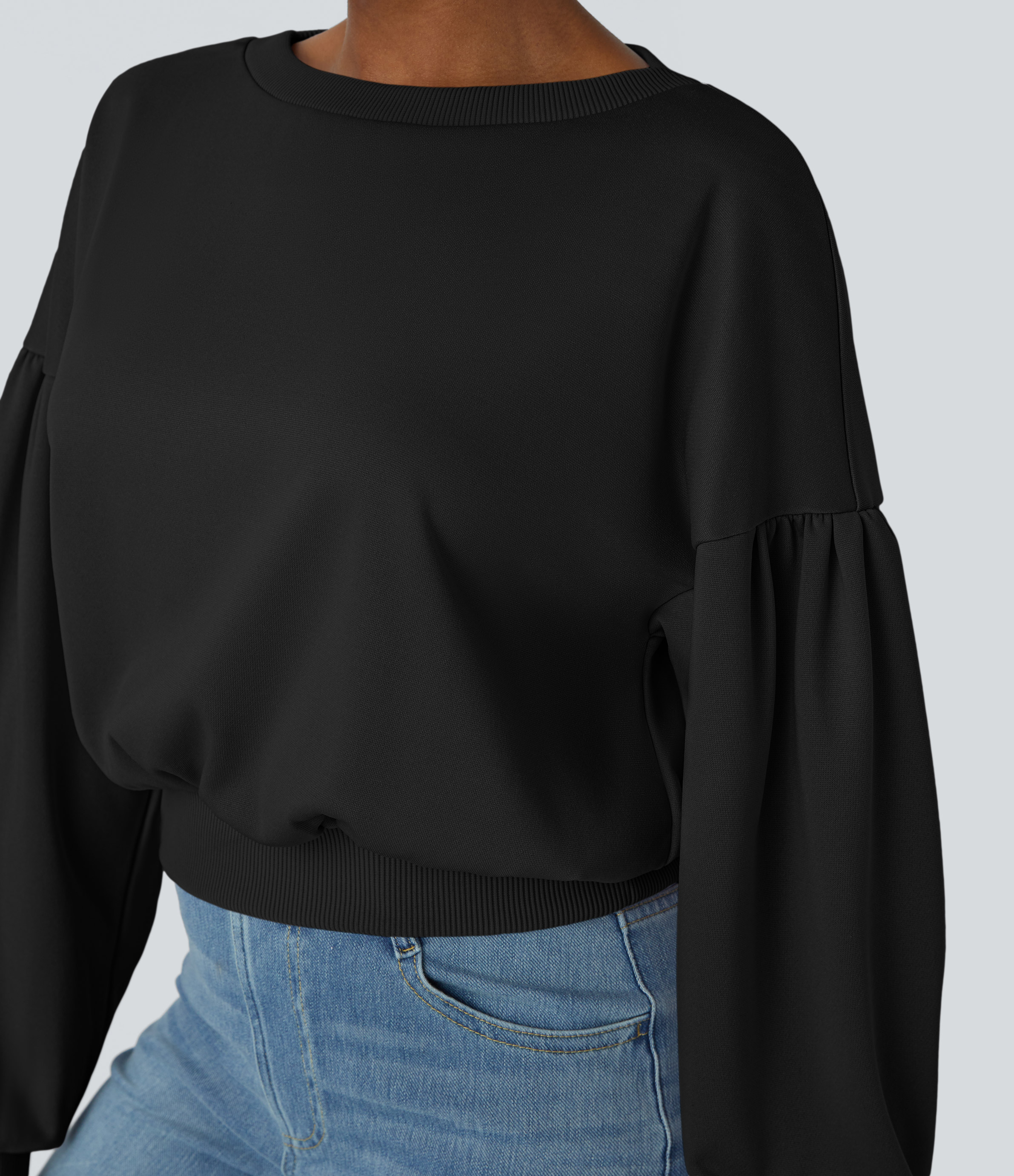 Halara Round Neck Dropped Shoulder Plicated Bishop Sleeve Relaxed Casual Sweatshirt  - Black - S 