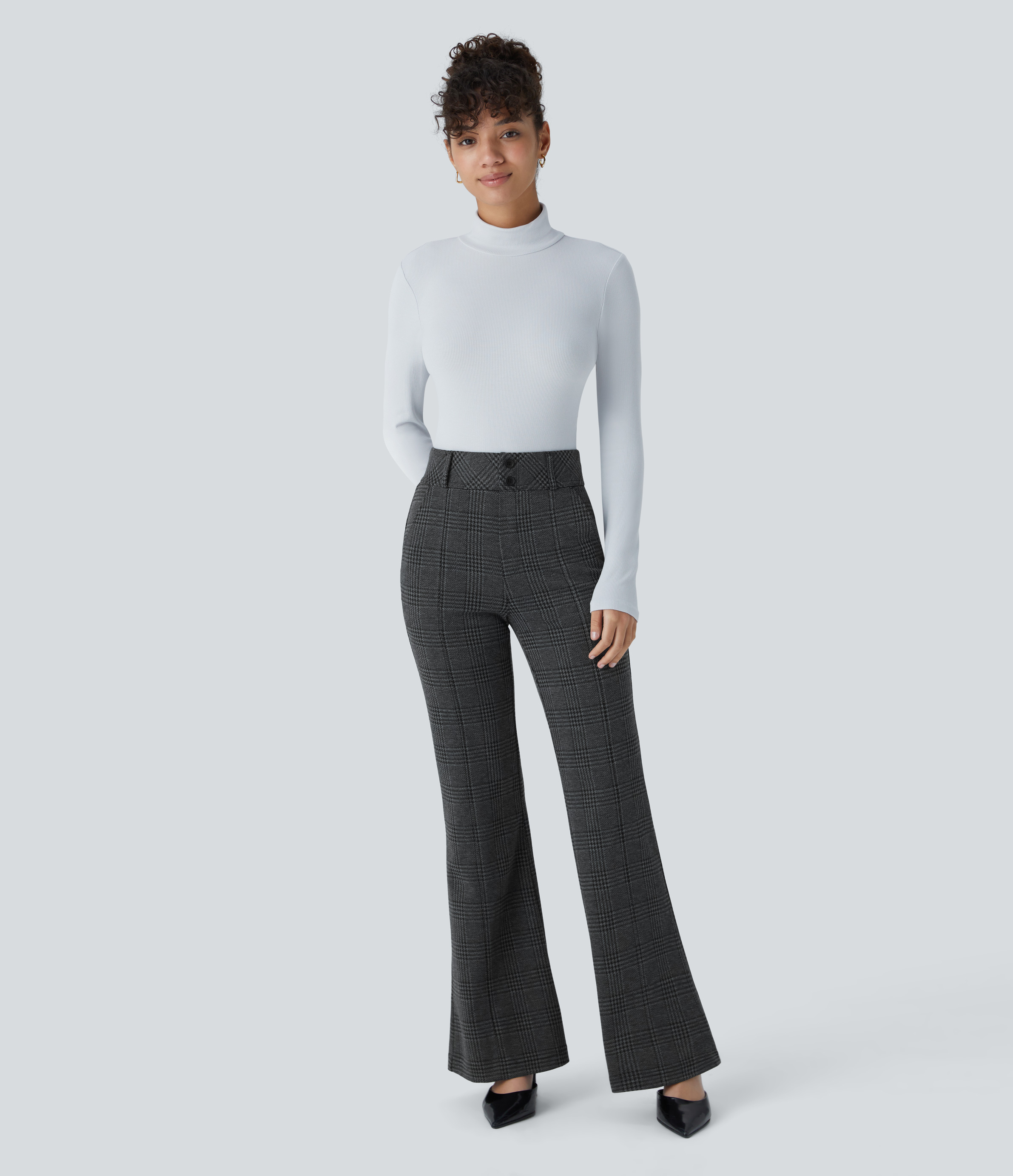 Halara Halara Flexв„ў High Waisted Decorative Button Side Pocket Houndstooth Plaid Work Flare Pants  - Charcoal Black Houndstooth Plaid - XL(regular) 