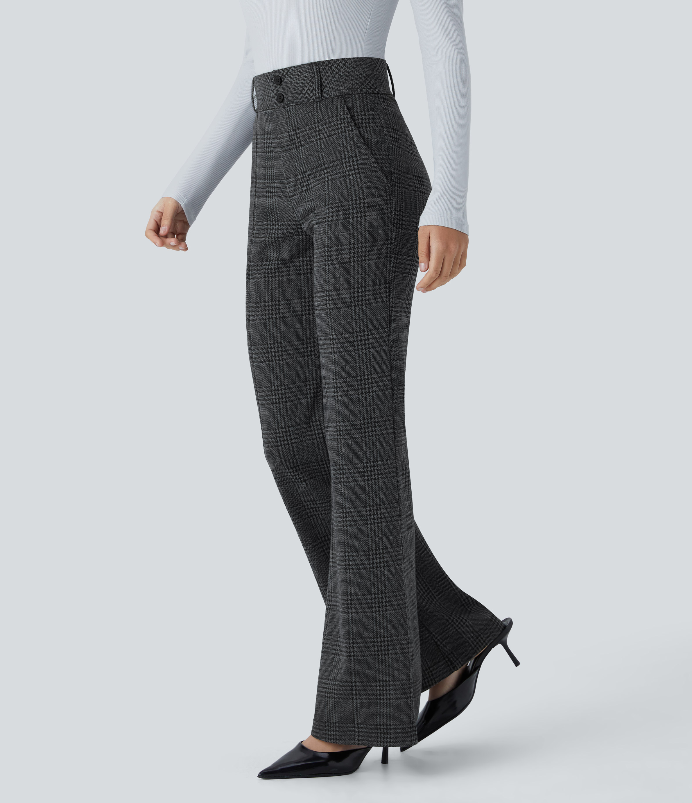 Halara Halara Flexв„ў High Waisted Decorative Button Side Pocket Houndstooth Plaid Work Flare Pants  - Charcoal Black Houndstooth Plaid - XL(regular) 
