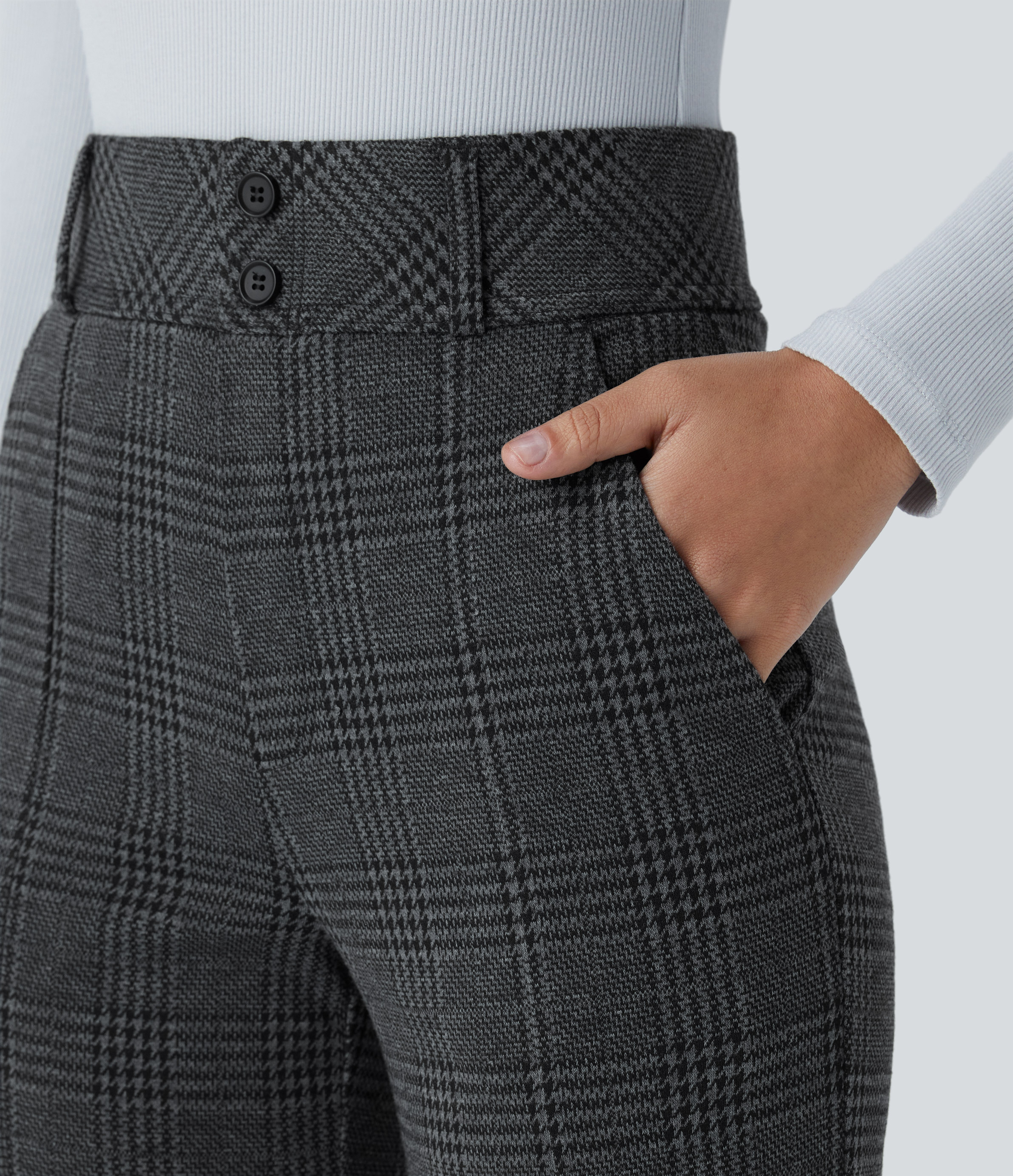 Halara Halara Flexв„ў High Waisted Decorative Button Side Pocket Houndstooth Plaid Work Flare Pants  - Charcoal Black Houndstooth Plaid - XL(regular) 