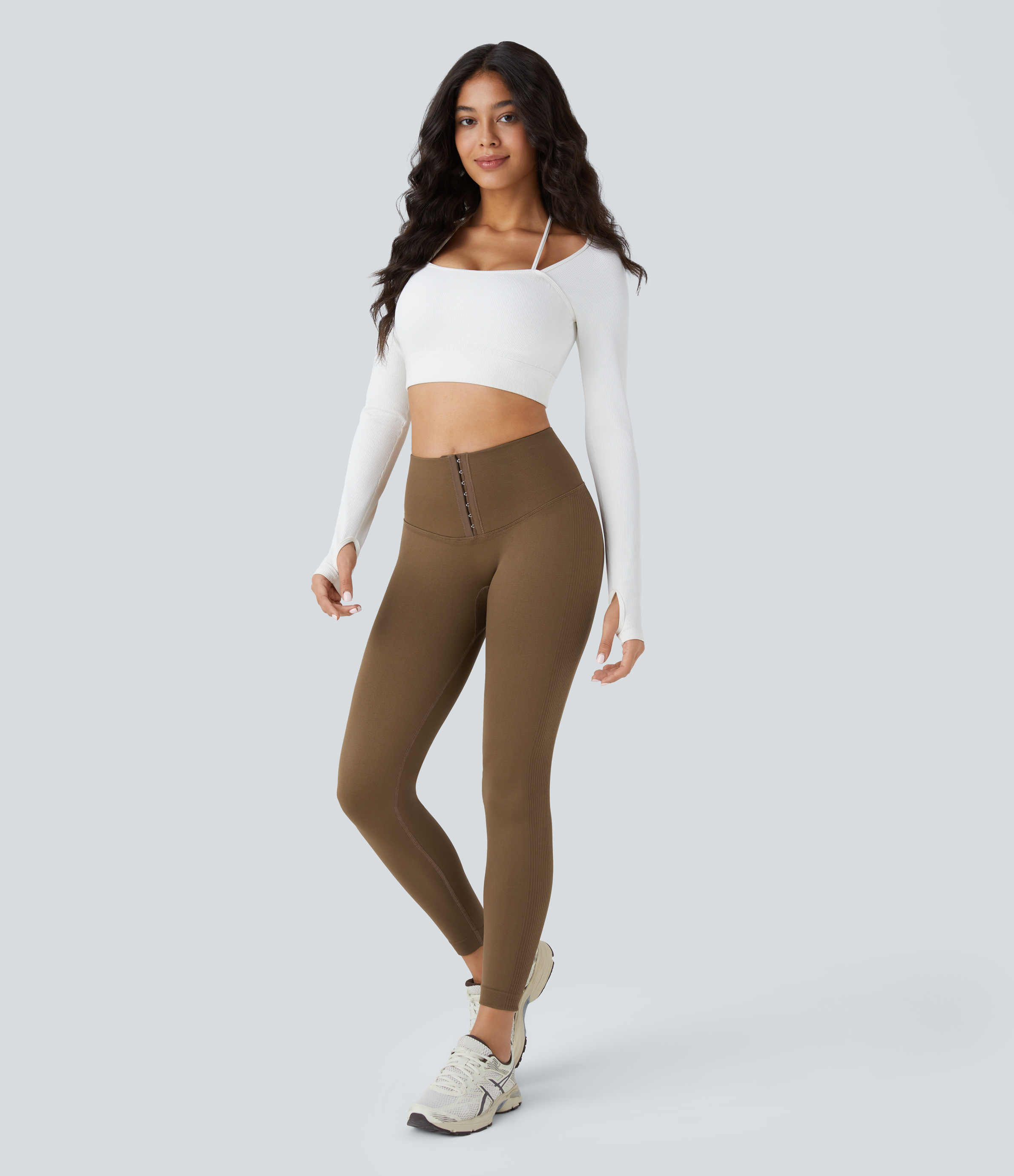Halara Seamless Flow High Waisted Adjustable Hook Tummy Control 7/8 Yoga Leggings  - Coffee - S(7/8) gym leggings leggings with pockets 