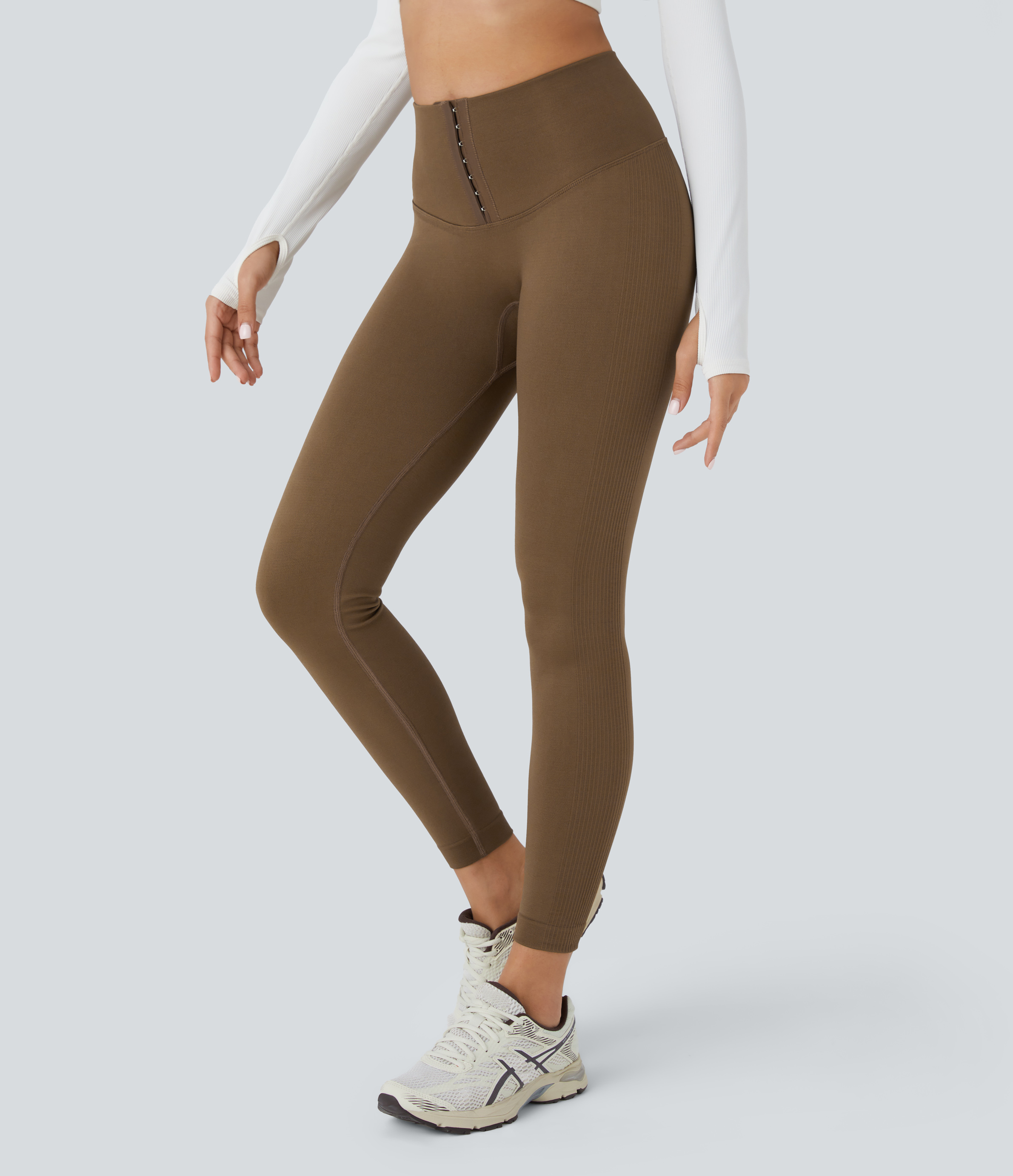 Halara Seamless Flow High Waisted Adjustable Hook Tummy Control 7/8 Yoga Leggings  - Coffee - S(7/8) gym leggings leggings with pockets 