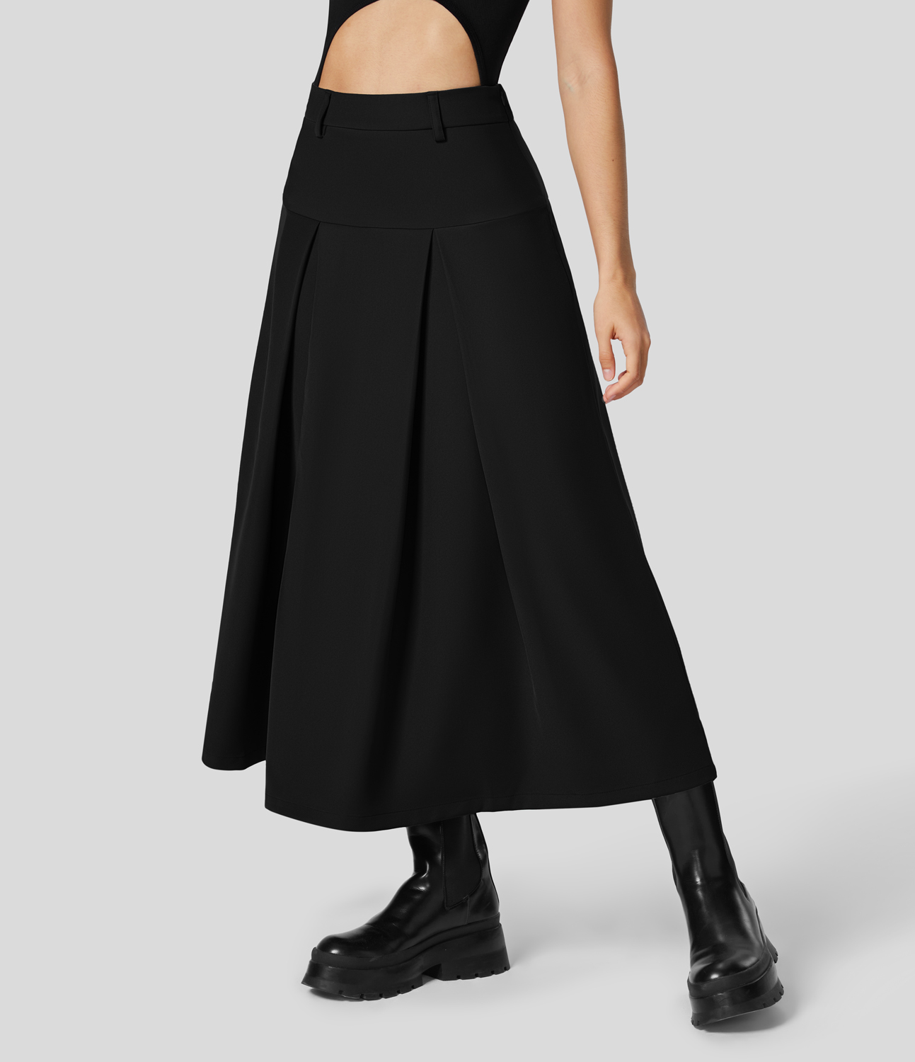 Halara High Waisted Side Zipper Solid Pleated Casual Skirt  - Black - M 