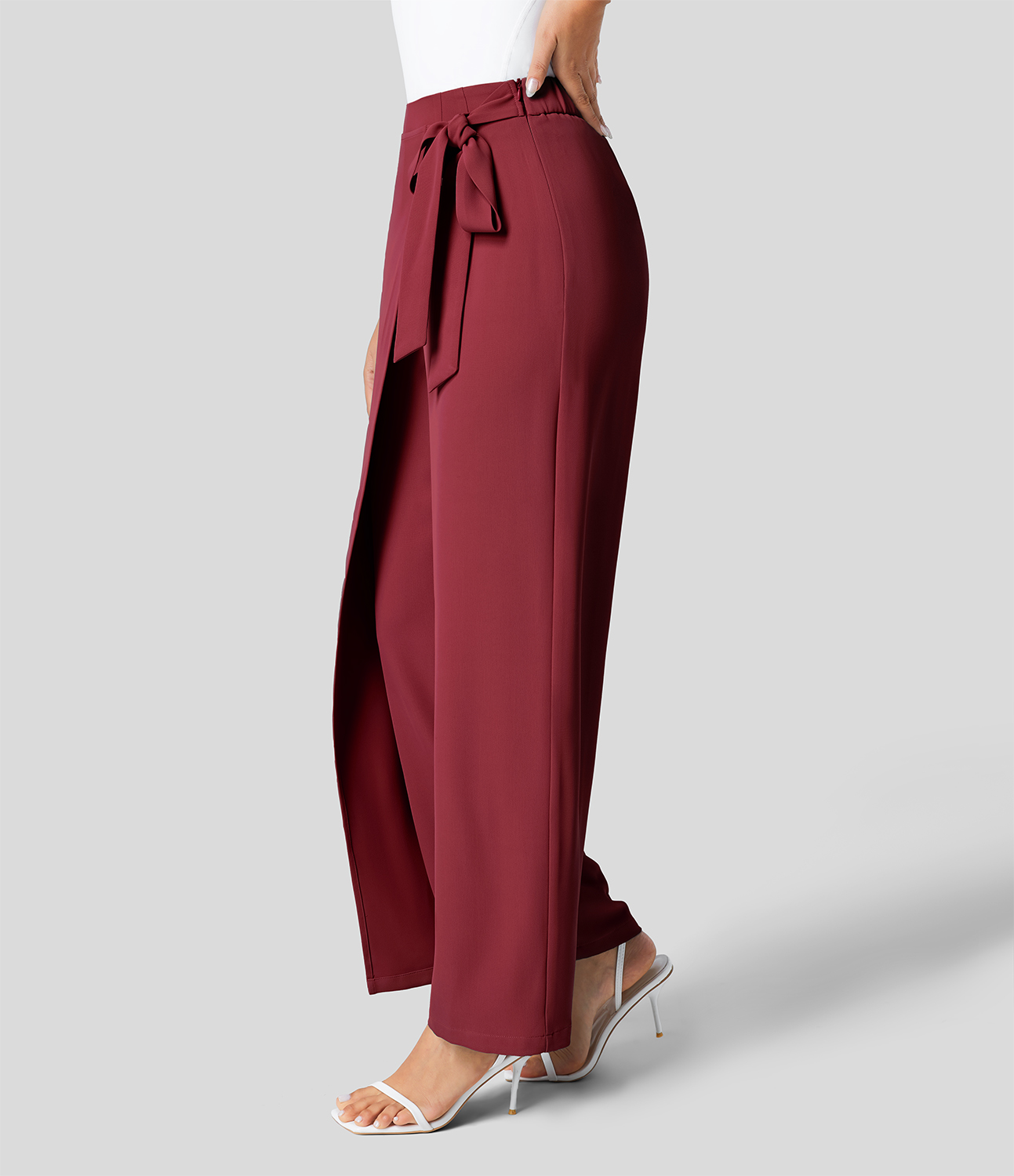 

Halara High Waisted Tie Side Invisible Zipper Wide Leg Work Pants - Plum Bossom Red -  sweatpants jogger pants stacked sweatpants