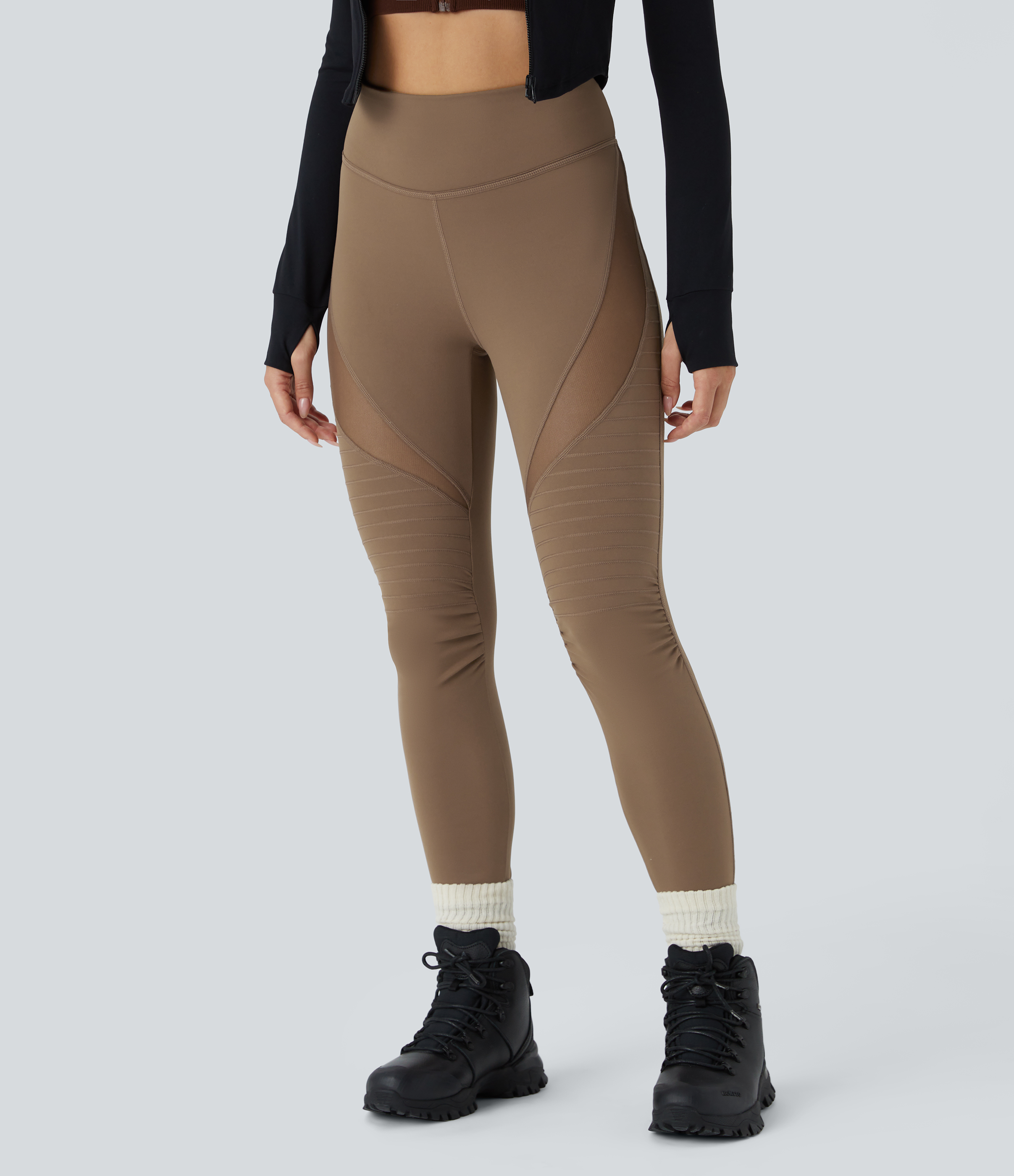 Halara High Waisted Contrast Mesh Top-stitching 7/8 Casual Moto Leggings  - Sepia - M(7/8) gym leggings leggings with pockets 