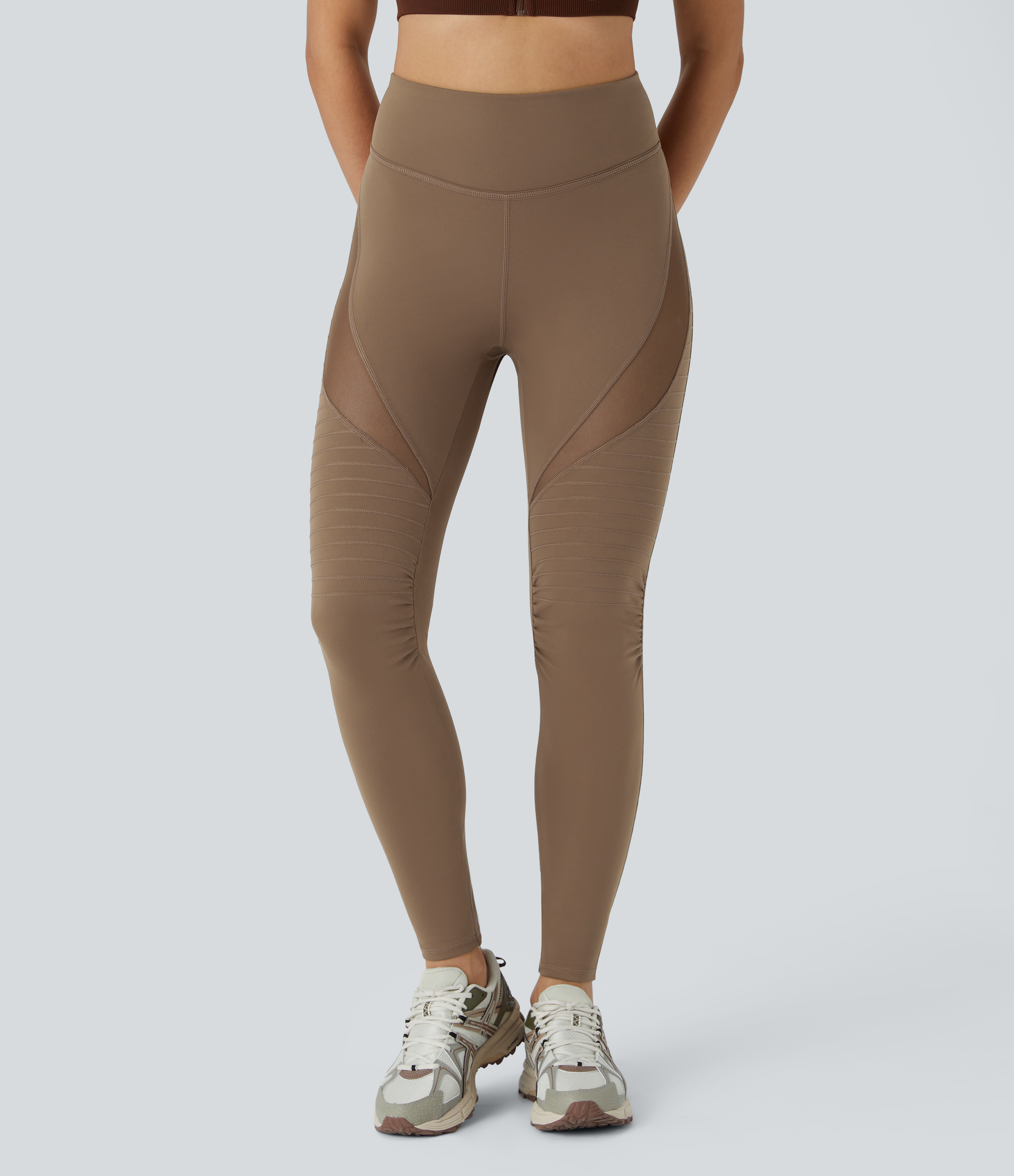Halara High Waisted Contrast Mesh Top-stitching 7/8 Casual Moto Leggings  - Sepia - M(7/8) gym leggings leggings with pockets 