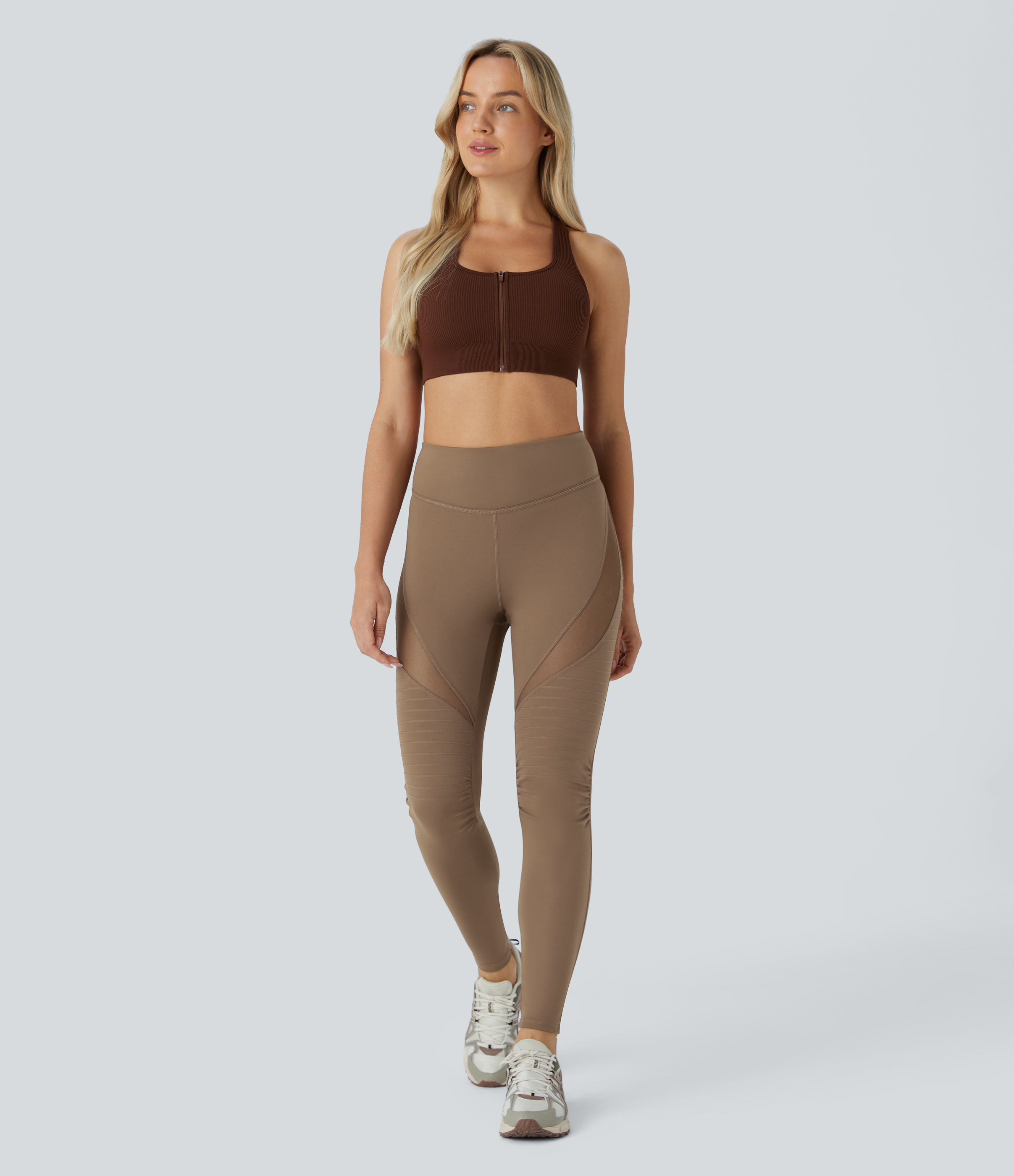 Halara High Waisted Contrast Mesh Top-stitching 7/8 Casual Moto Leggings  - Sepia - M(7/8) gym leggings leggings with pockets 