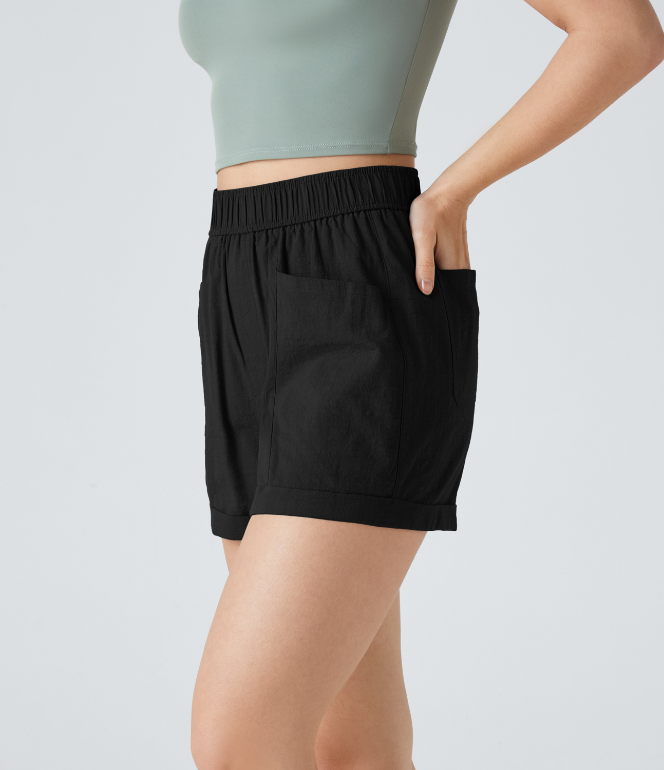 

Halara High Waisted Multiple Pockets Rolled Hem Linen-Feel Casual Shorts - Black