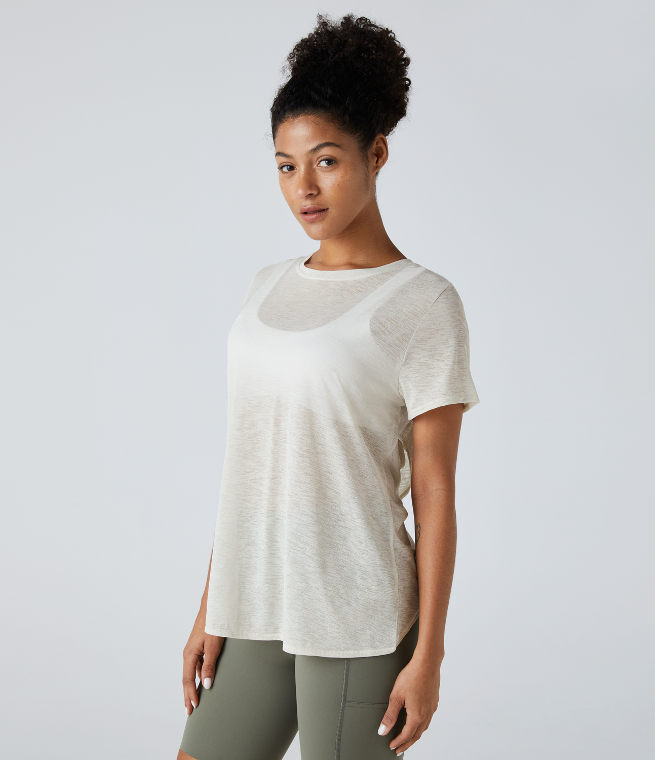 Halara Sheer Short Sleeve Cut Out Yoga Sports Top  - White Onyx - XS 