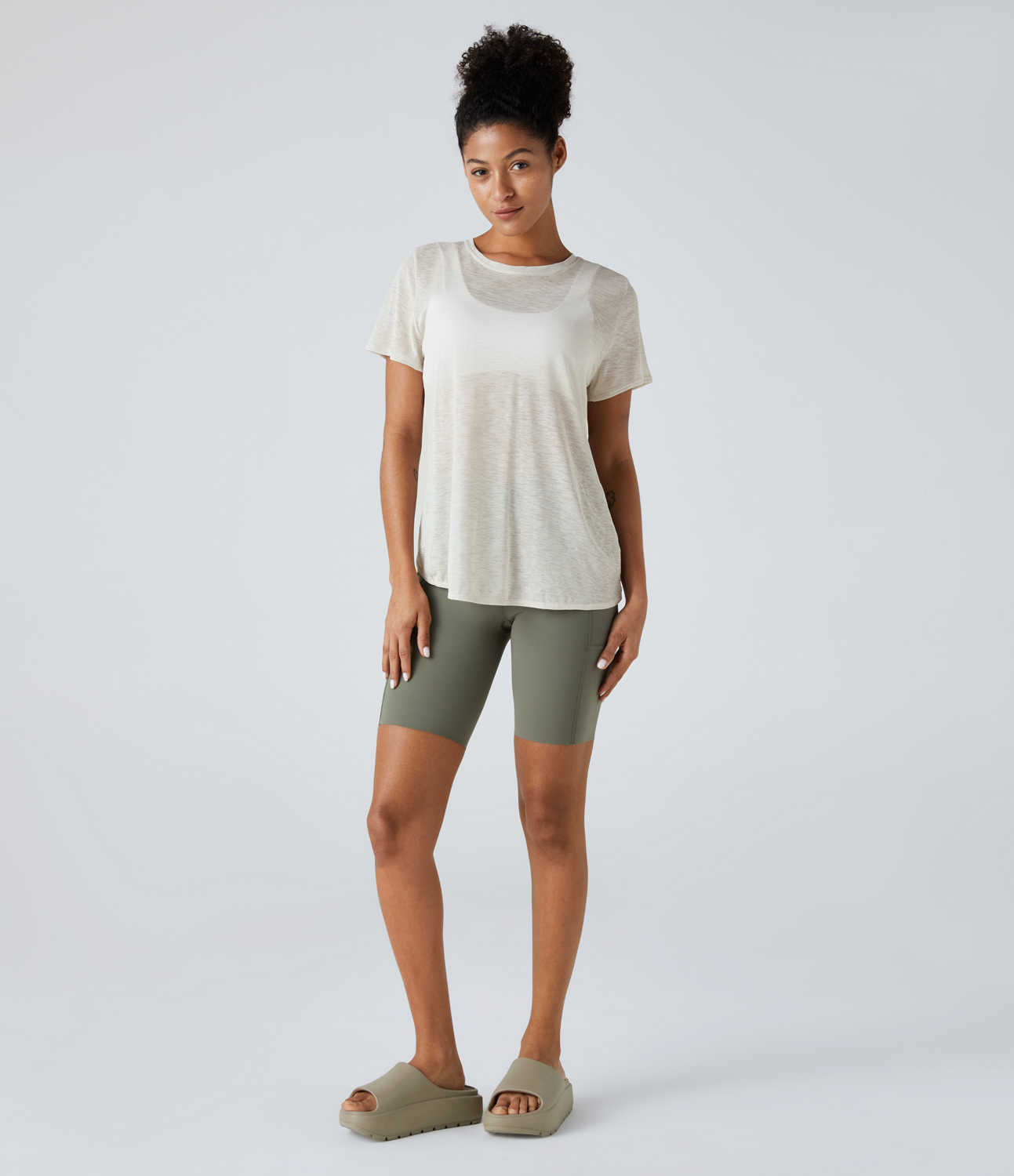 Halara Sheer Short Sleeve Cut Out Yoga Sports Top  - White Onyx - XS 