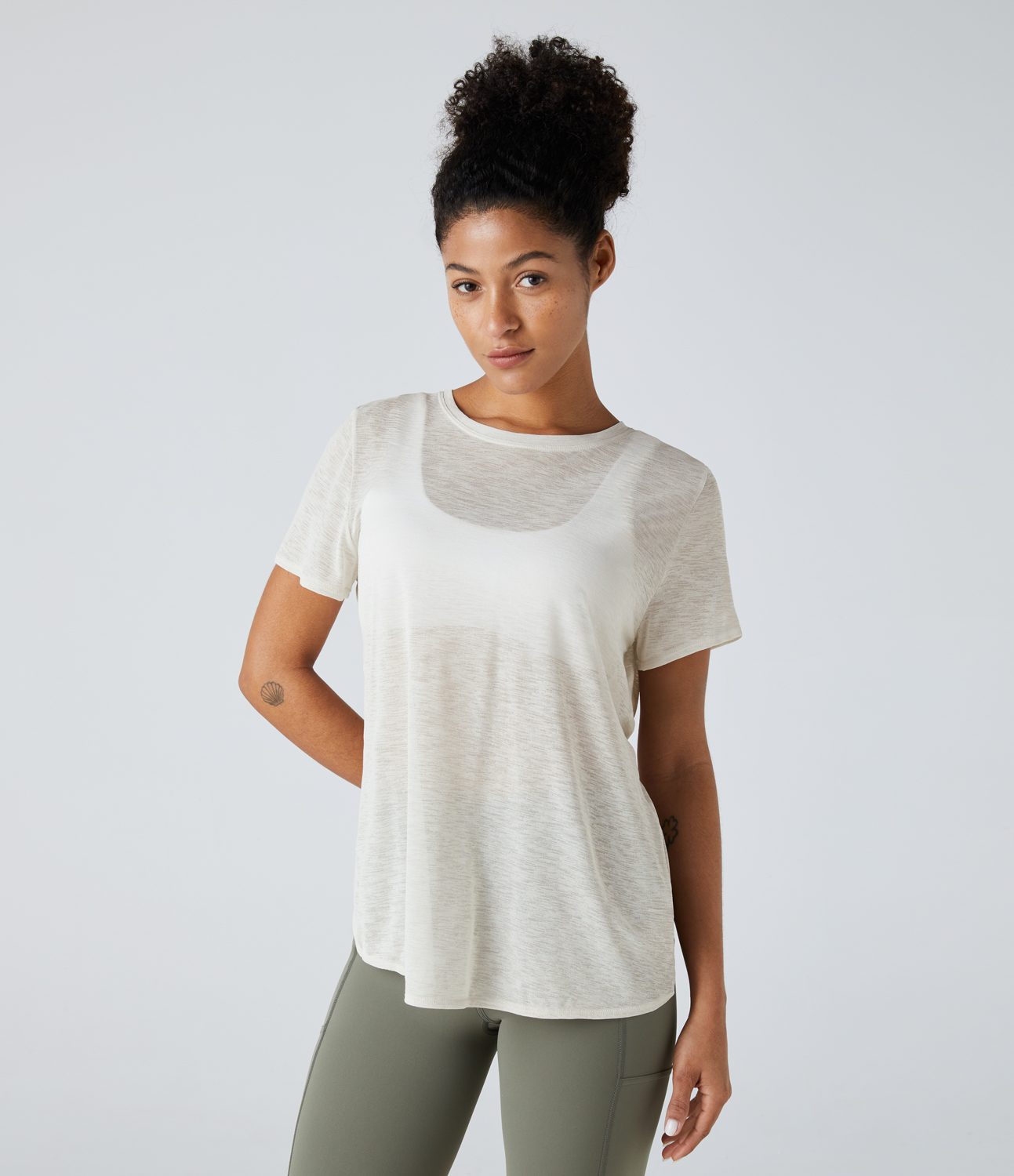 Halara Sheer Short Sleeve Cut Out Yoga Sports Top  - White Onyx - XS 