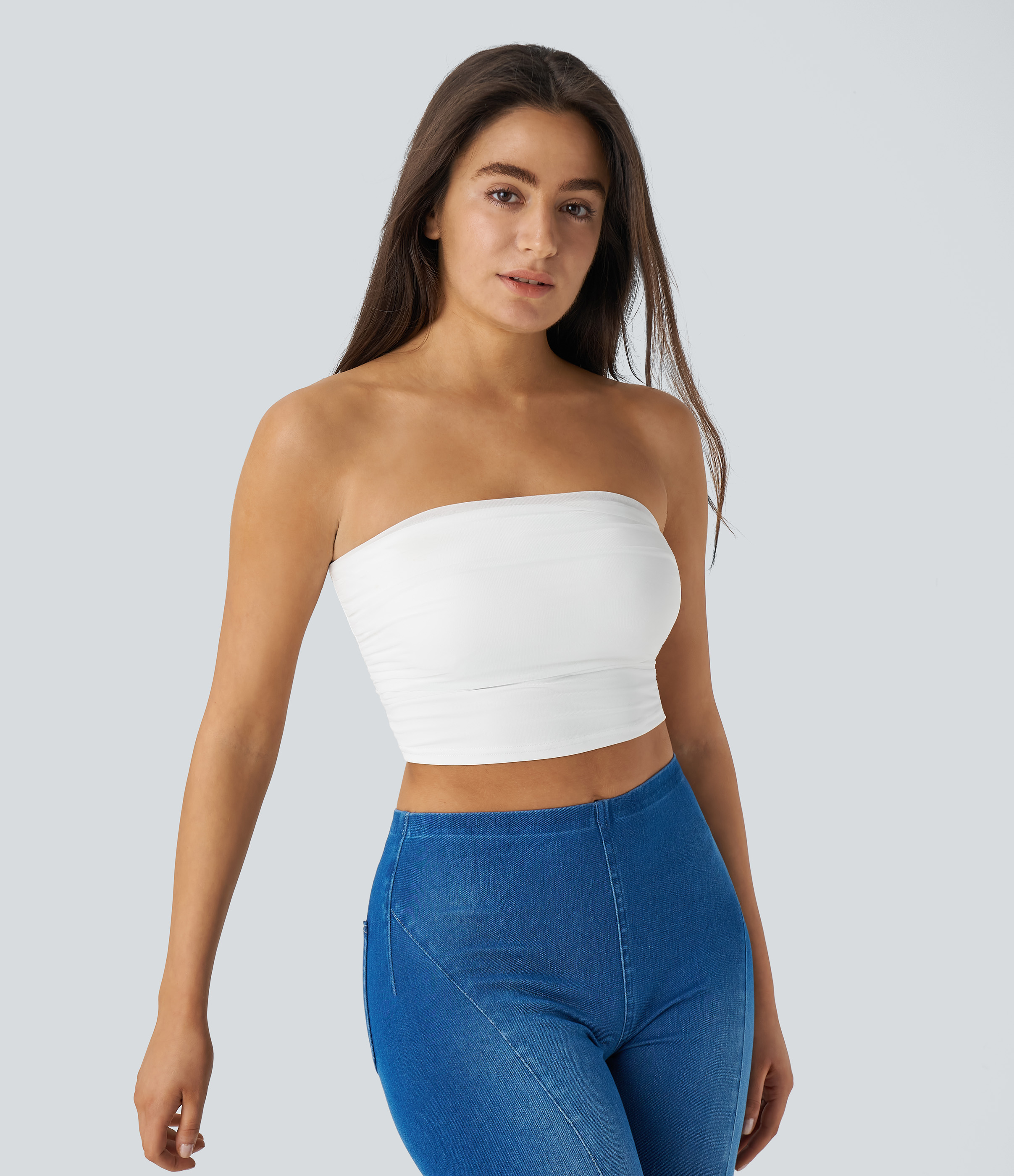 Halara Tube Backless Ruched Contrast Mesh Cropped Casual Top Tank Top - White - M golf tops halter top tunic tops sleeveless tops 