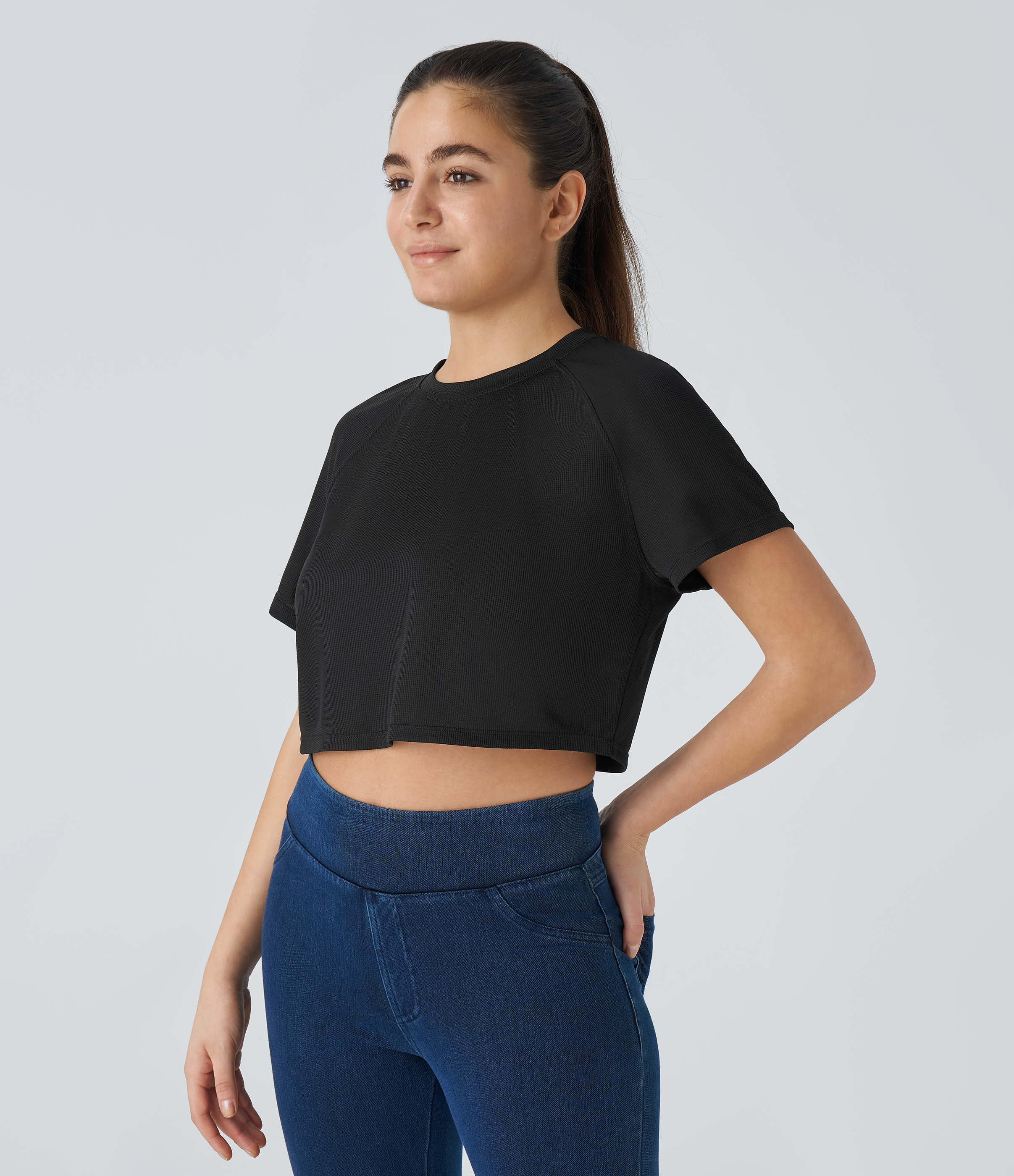 Halara Raglan Sleeve Solid Cropped Waffle Casual Tee  - Black - L 