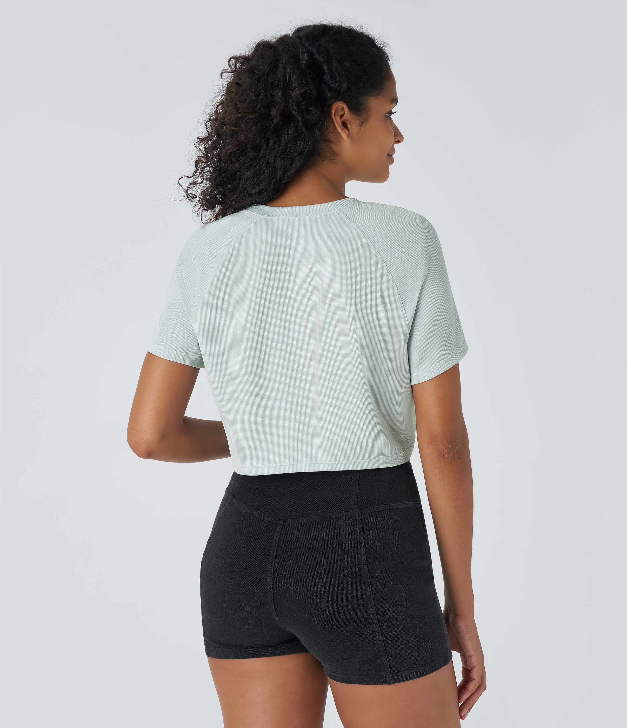 Halara Raglan Sleeve Solid Cropped Waffle Casual Tee  - Frost Clear Haze - M 