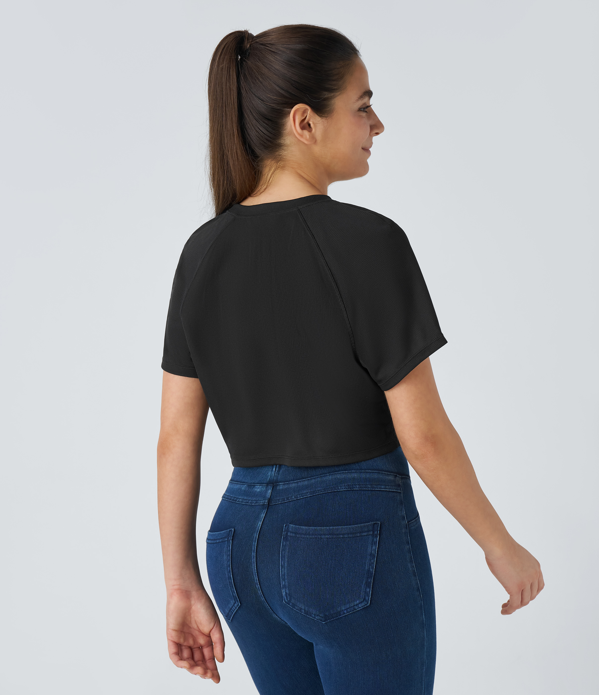 Halara Raglan Sleeve Solid Cropped Waffle Casual Tee  - Black - L 