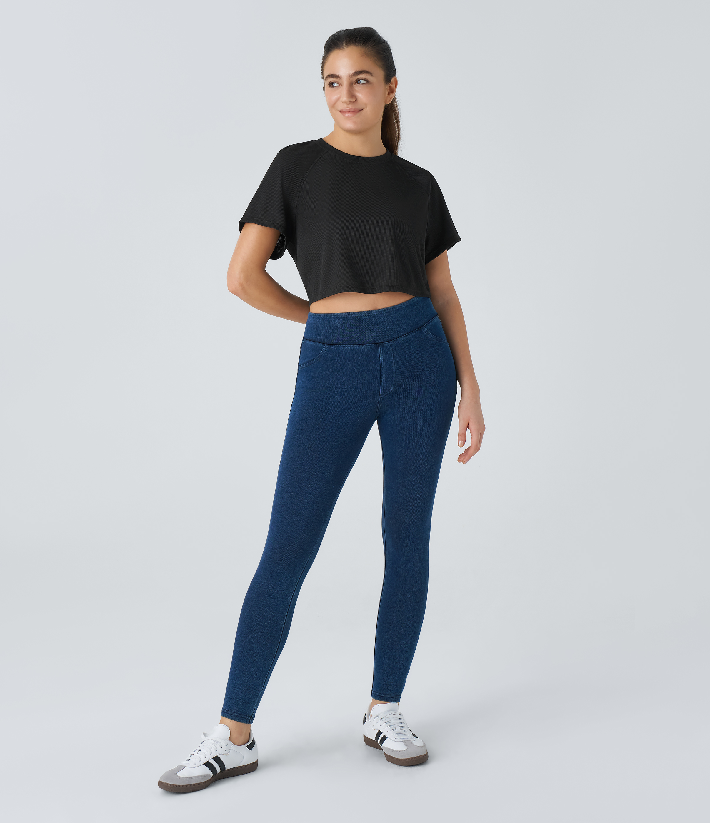 Halara Raglan Sleeve Solid Cropped Waffle Casual Tee  - Black - L 
