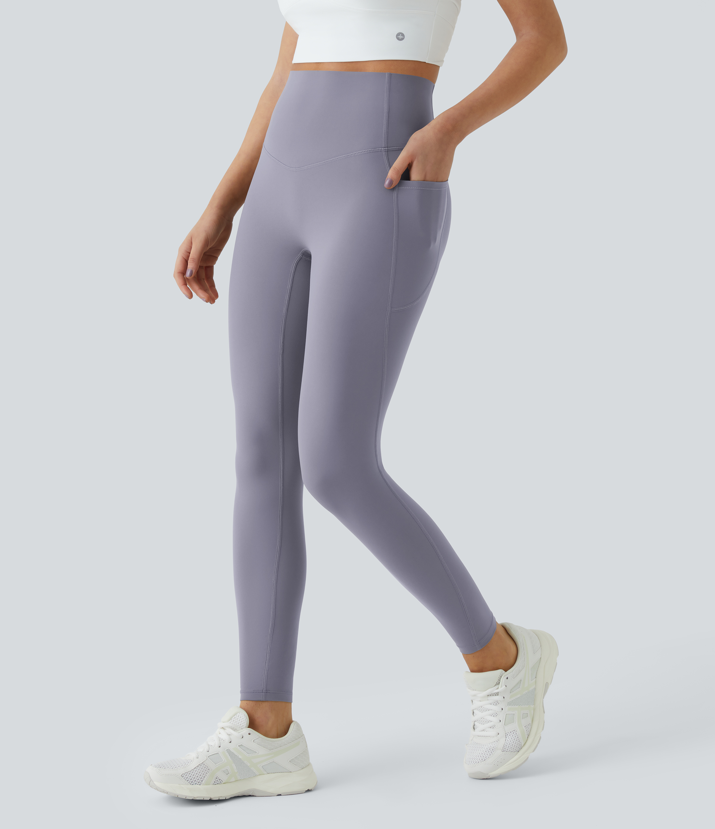 Halara SoCinched High Waisted Tummy Control Side Pocket Shaping Training UltraSculpt Leggings  - Falling Gray Purple - S(full_length) 