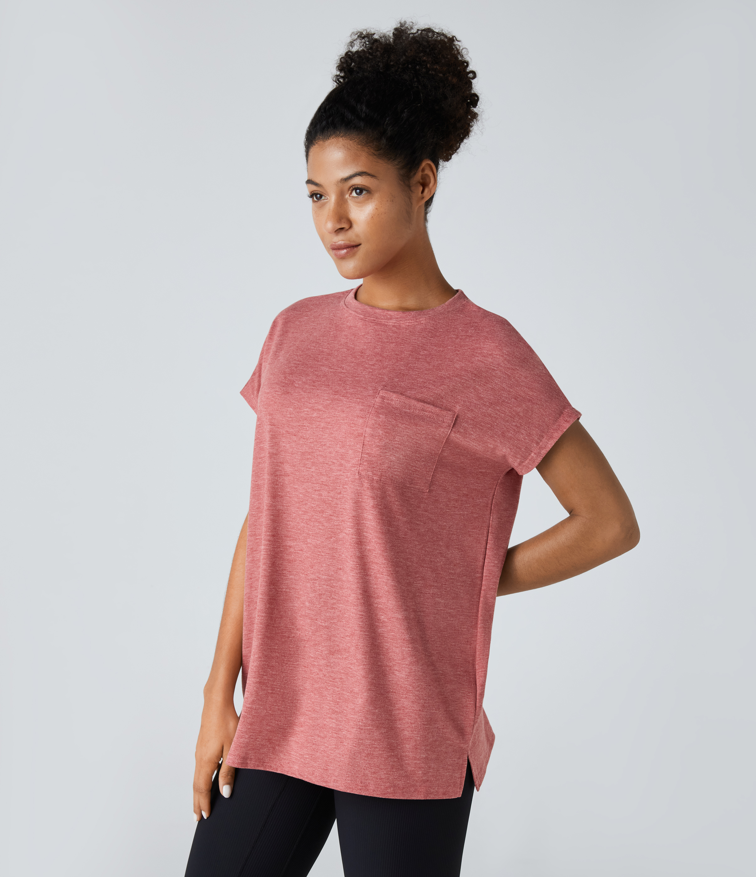 Halara Round Neck Chest Pocket Split Hem Relax Casual T-Shirt  - Brick Red Mix - L 