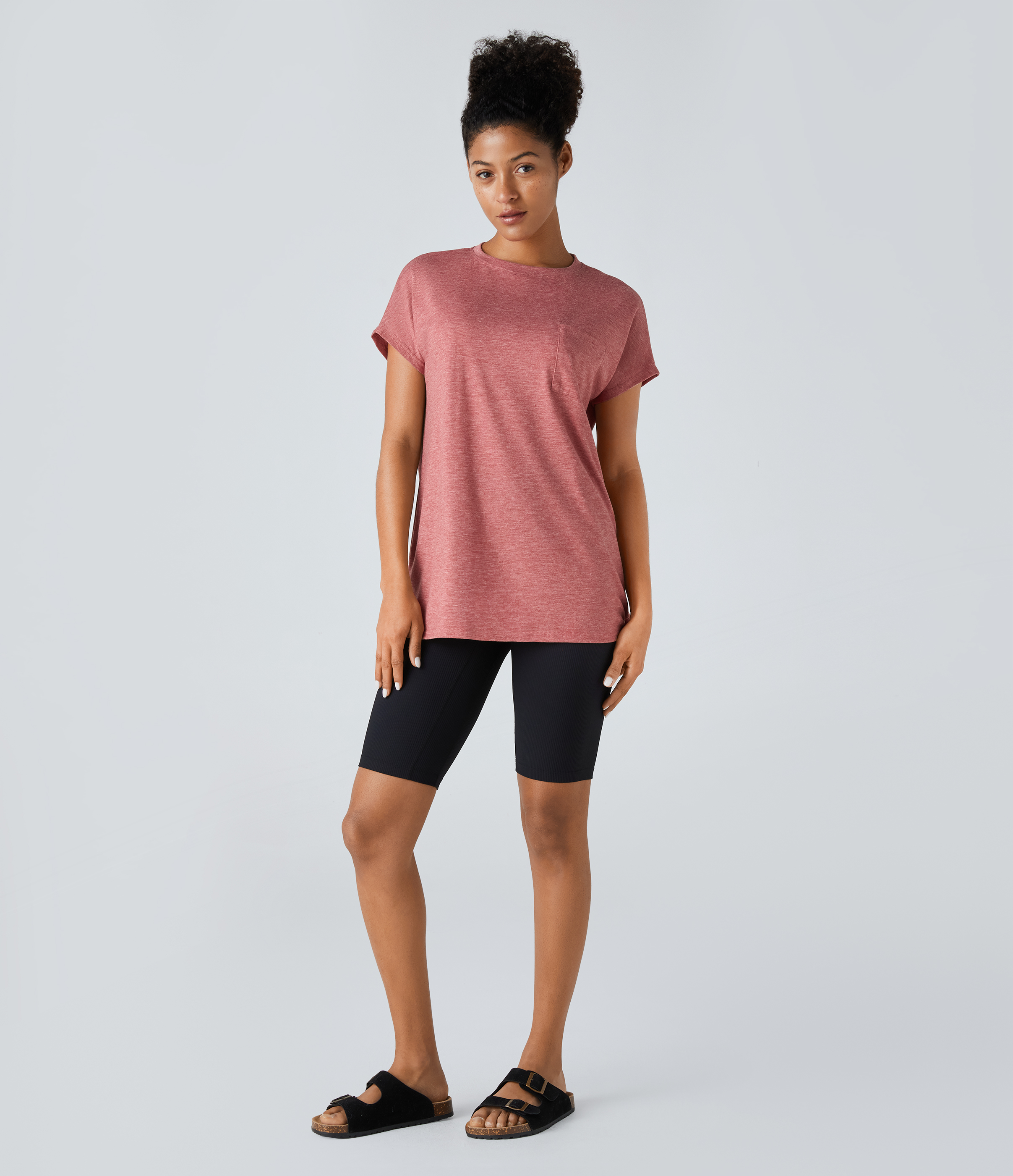 Halara Round Neck Chest Pocket Split Hem Relax Casual T-Shirt  - Brick Red Mix - L 