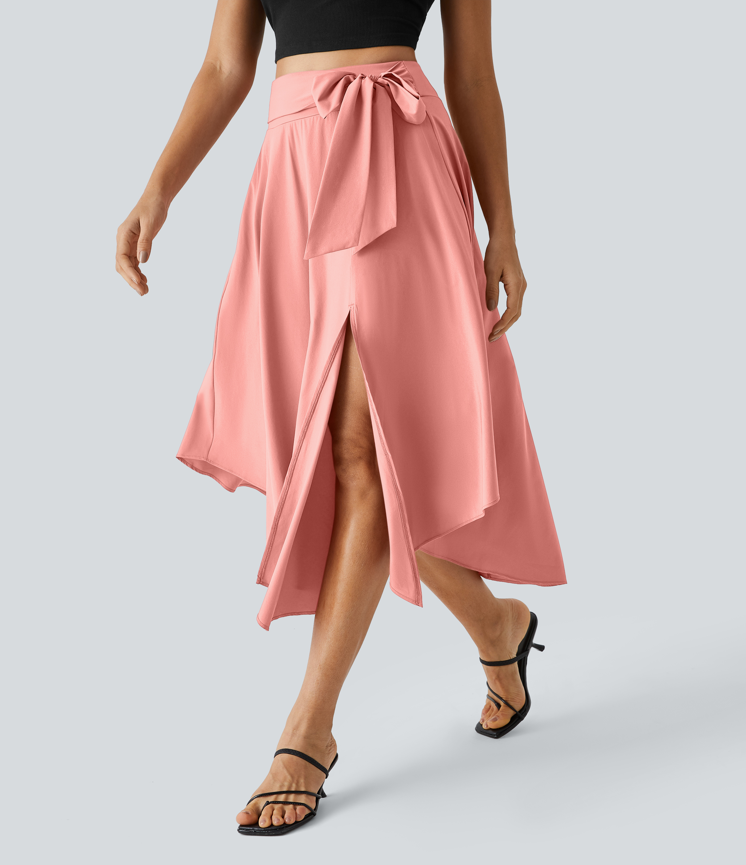 Halara Breezefulв„ў High Waisted Tie Side Split 2-in-1 Curved Hem Flowy Flare Quick Dry Midi Casual Skirt  - Peach Melba - M(regular) 